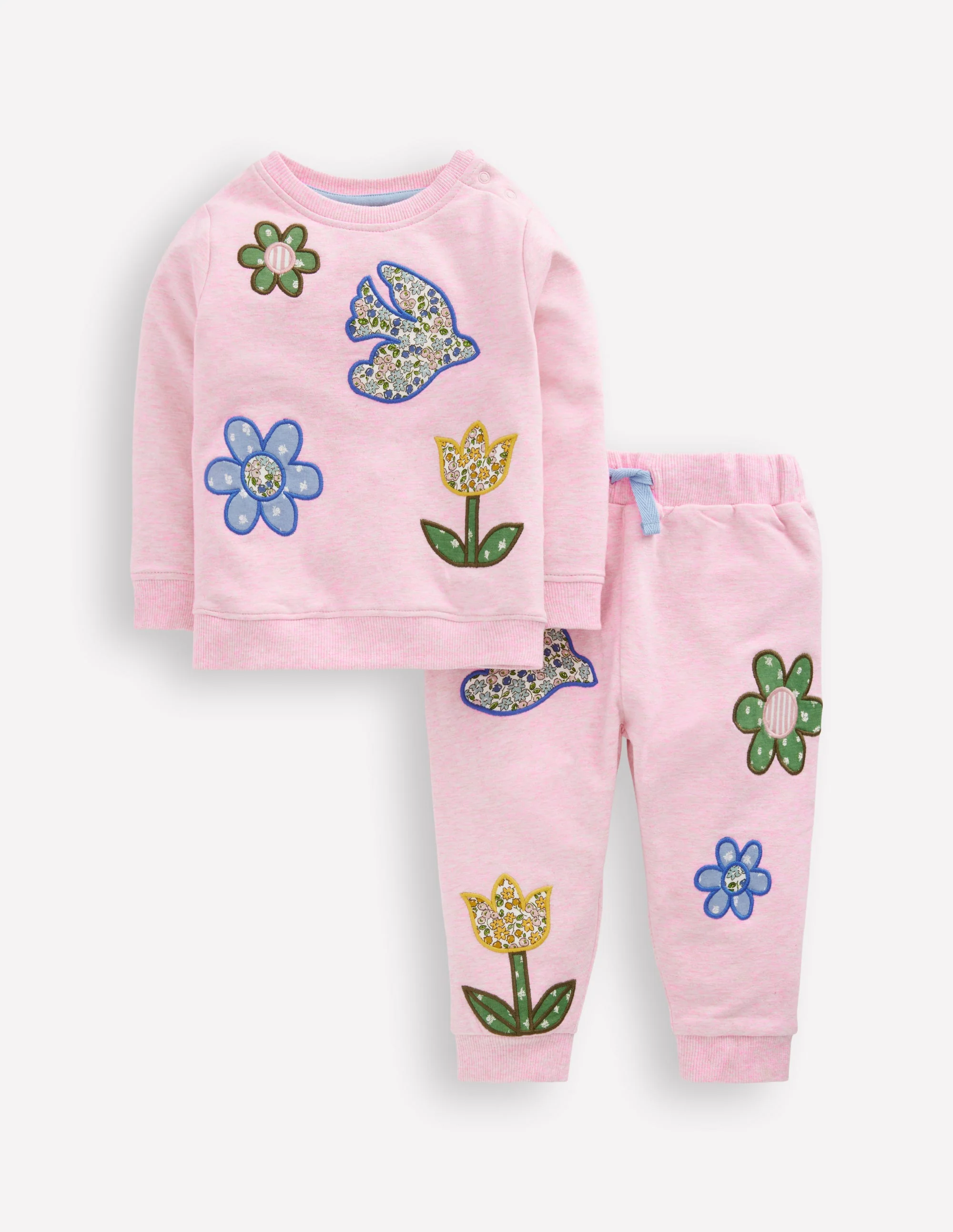 Applique Sweatshirt Set-Pink Floral Patchwork