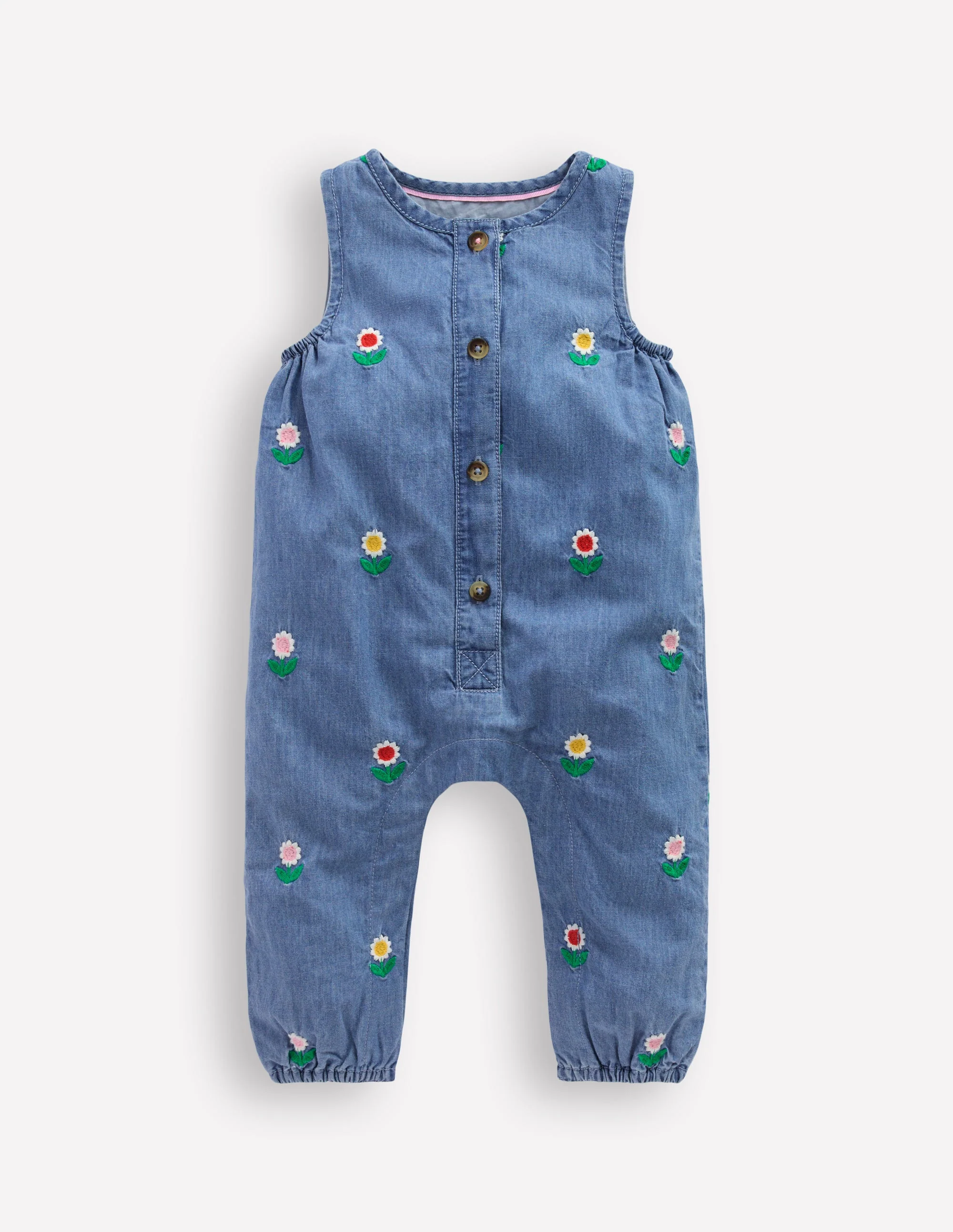 Embroidered Chambray Romper-Floral Embroidered Chambray