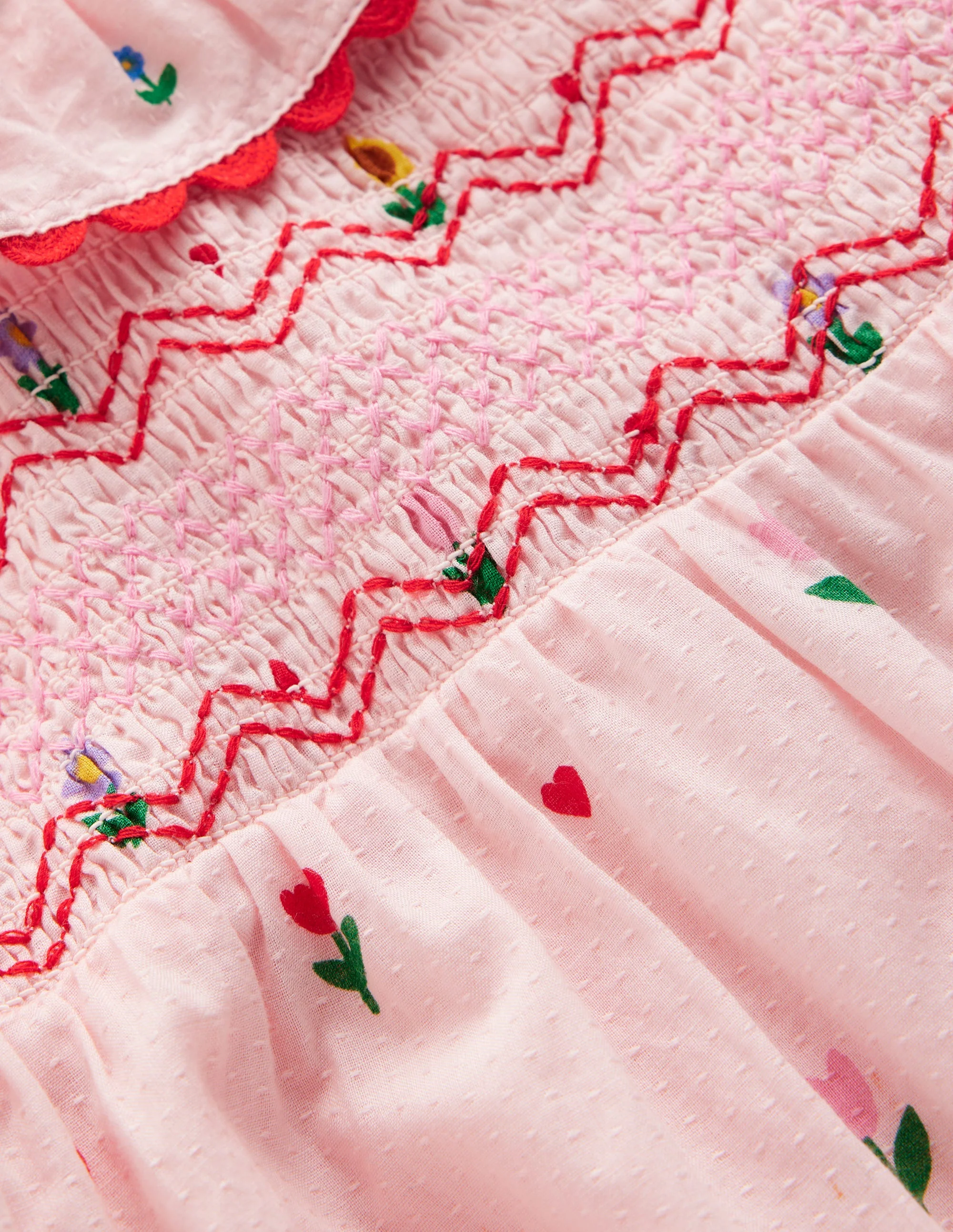 Embroidered Smocked Dress-Pink Multi Floral Heart Flower - Image 3