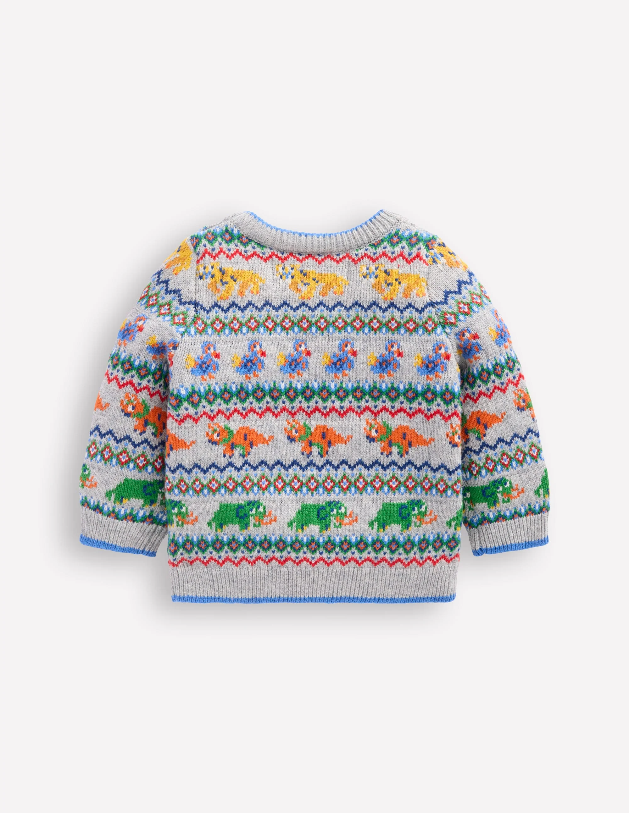 Fair Isle Button Jumper-Grey Marl Prehistoric Animals - Image 2