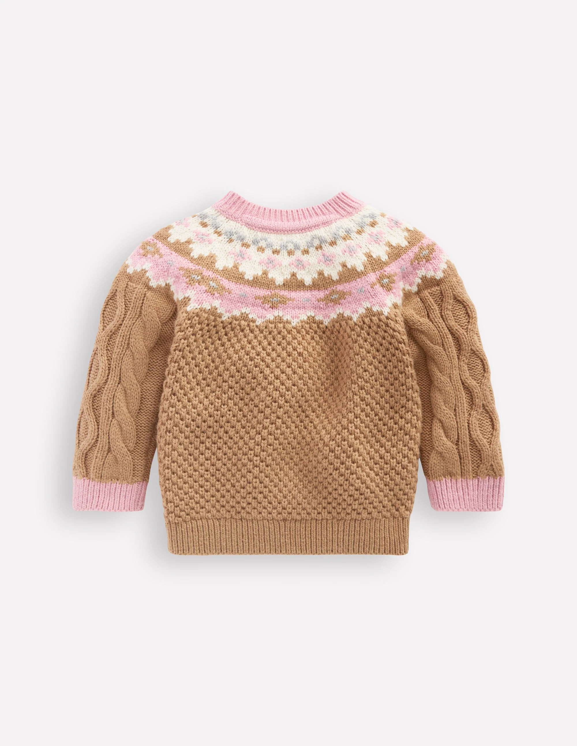 Girls Fair Isle Cable Jumper-Camel Melange Fair Isle - Image 2