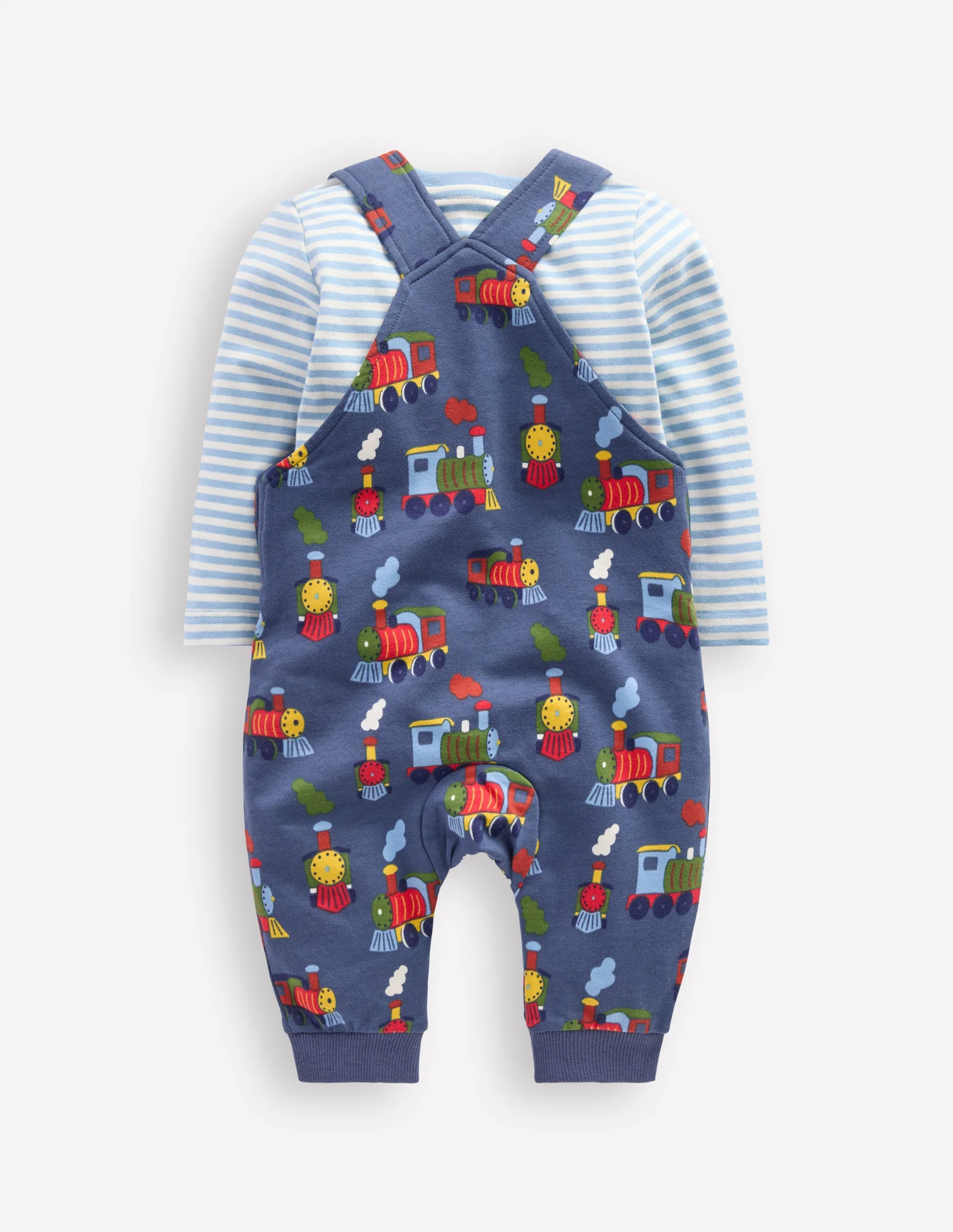 Printed Jersey Dungaree Set-Blue Marl Trains - Image 2
