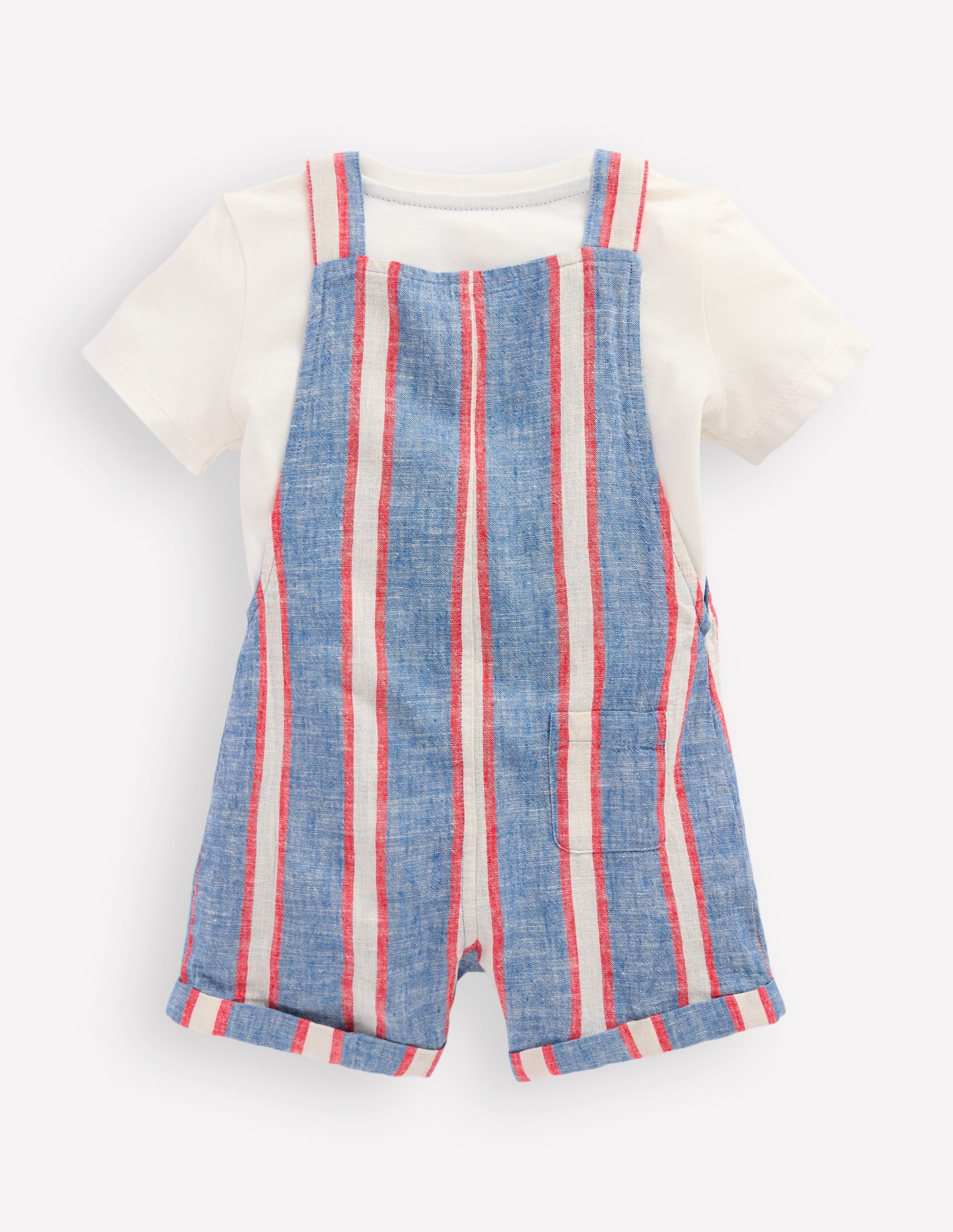 Short Woven Dungarees Set-Blue and Red Stripe - Image 2