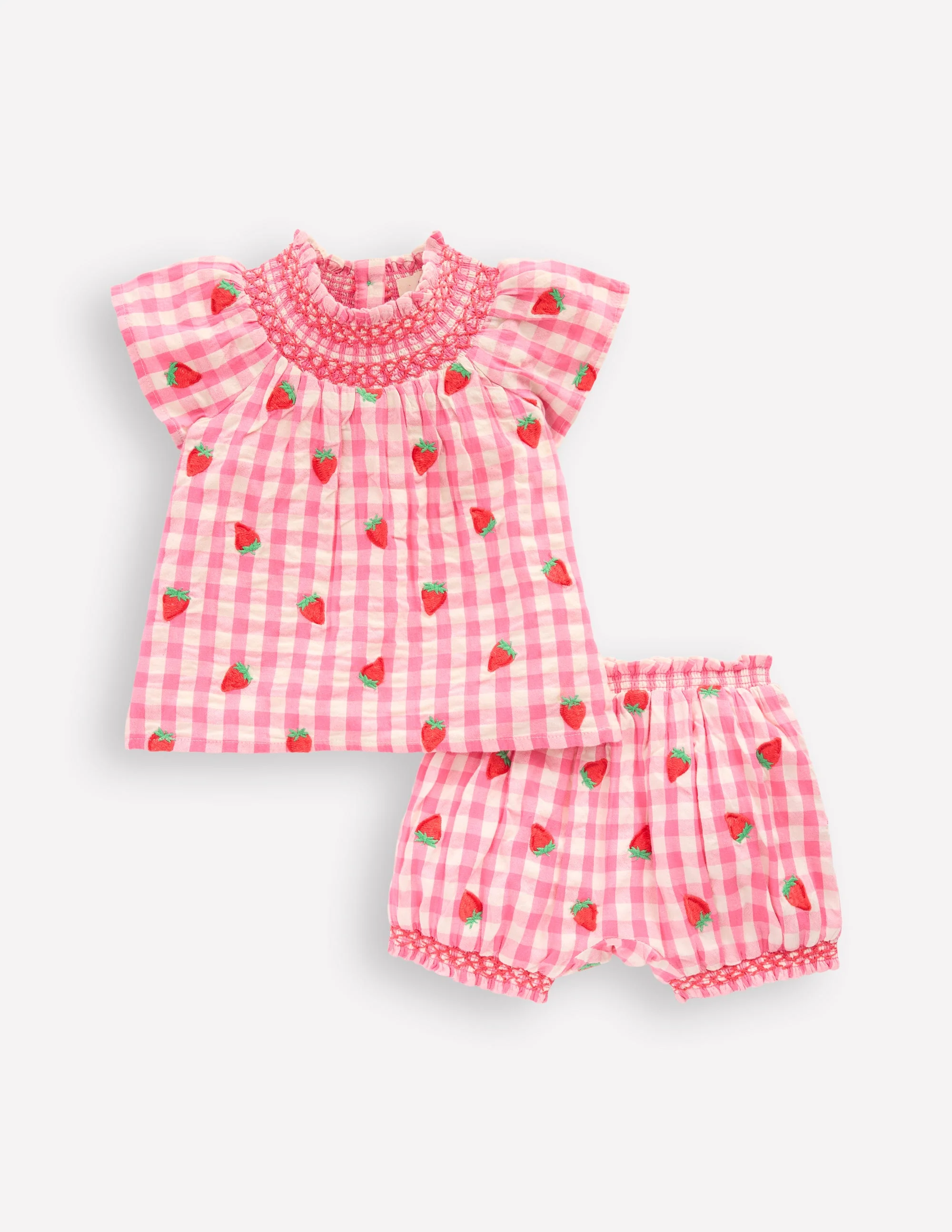 Smocked Play Set-Pink Rose Gingham Strawberries