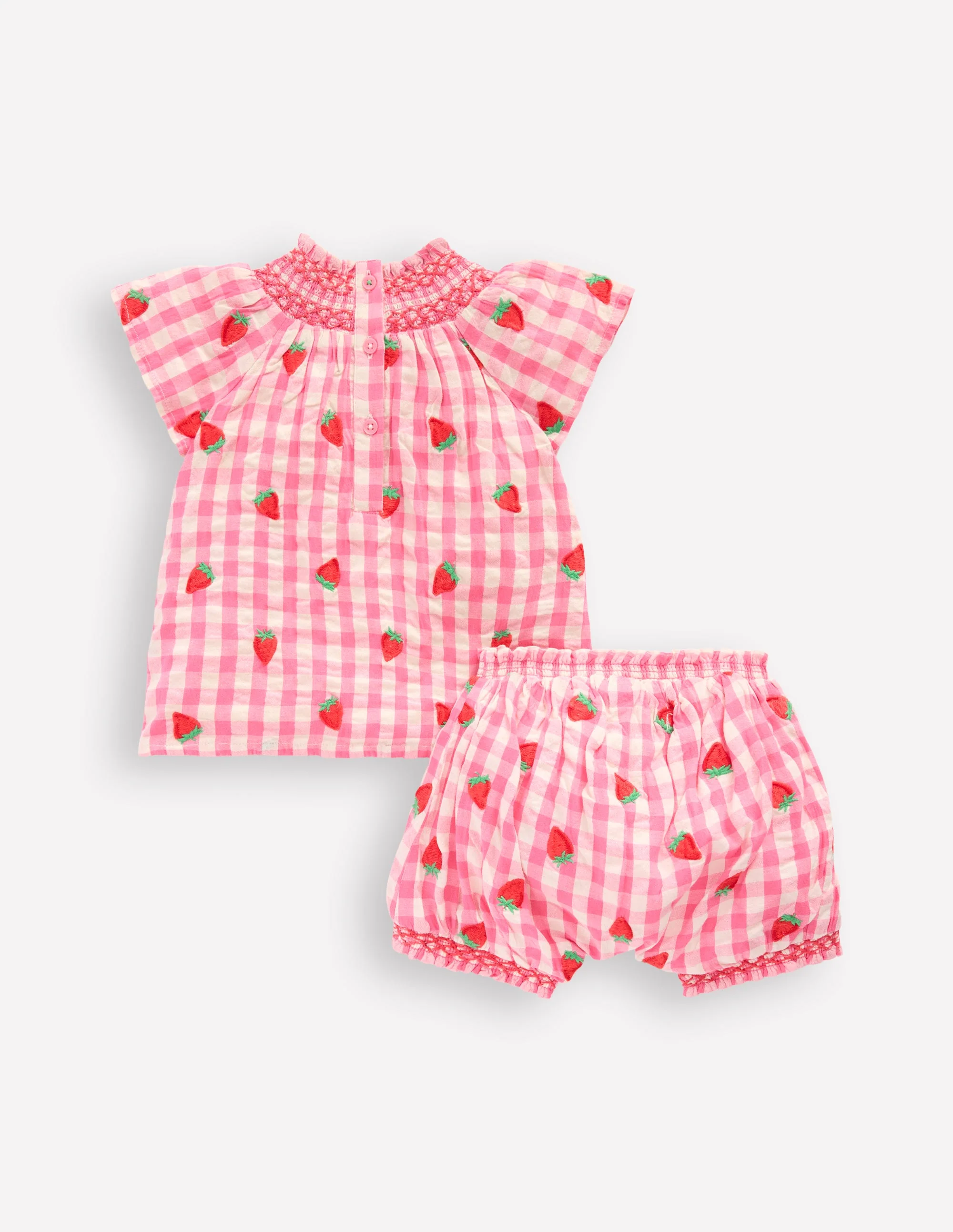 Smocked Play Set-Pink Rose Gingham Strawberries - Image 2