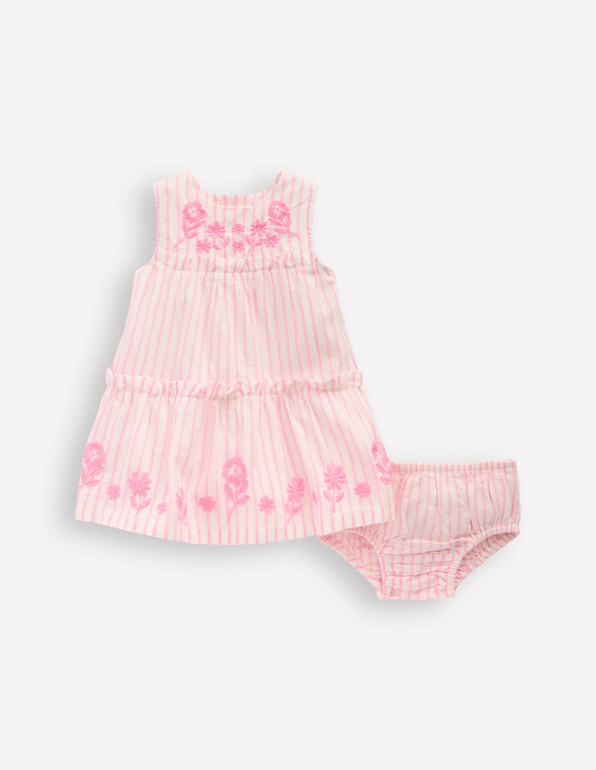 Tiered Ruffle Dress-Pink Embroidered Stripe