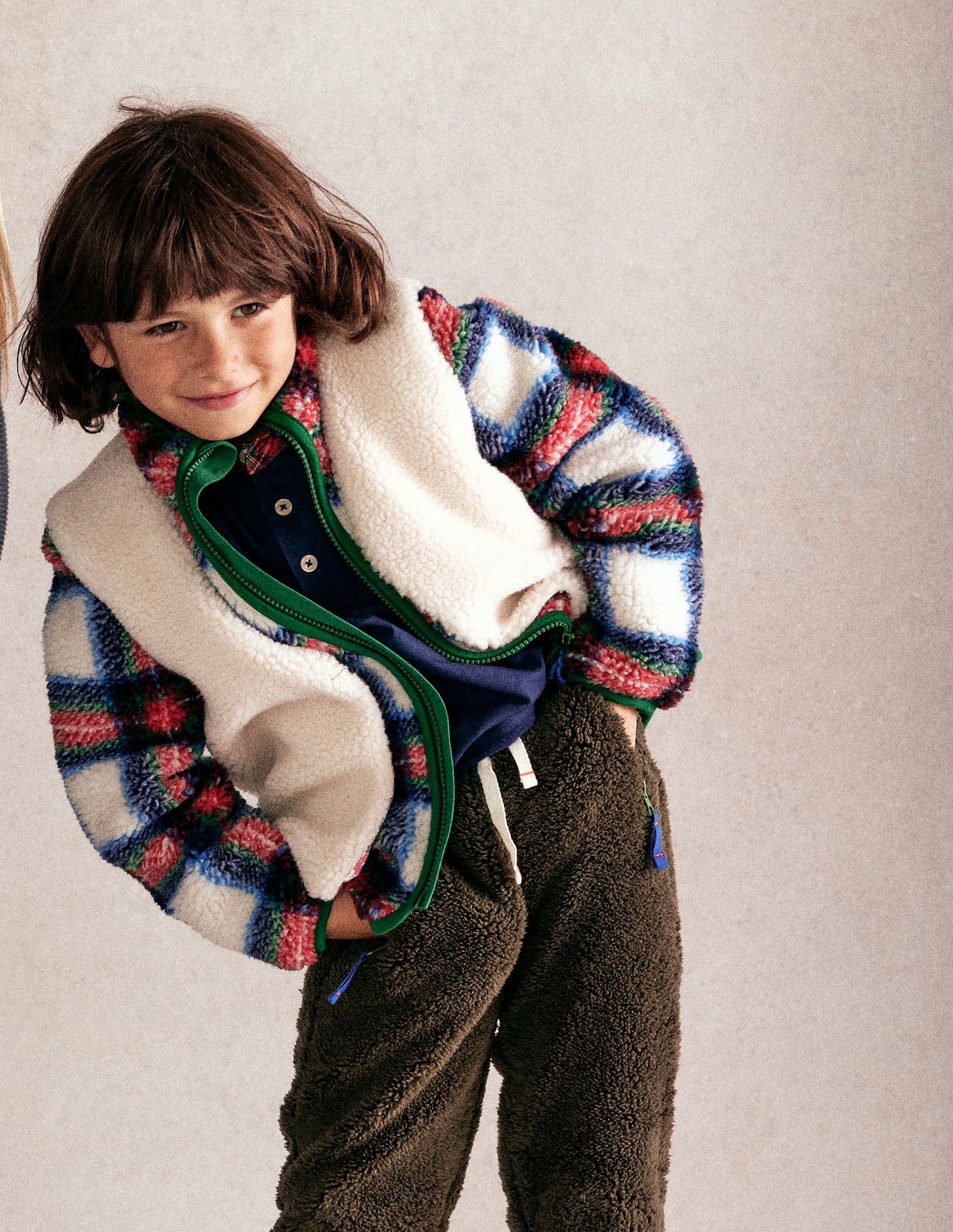 Cosy Borg Jacket-Ivory, Blue and Red Check - Image 4