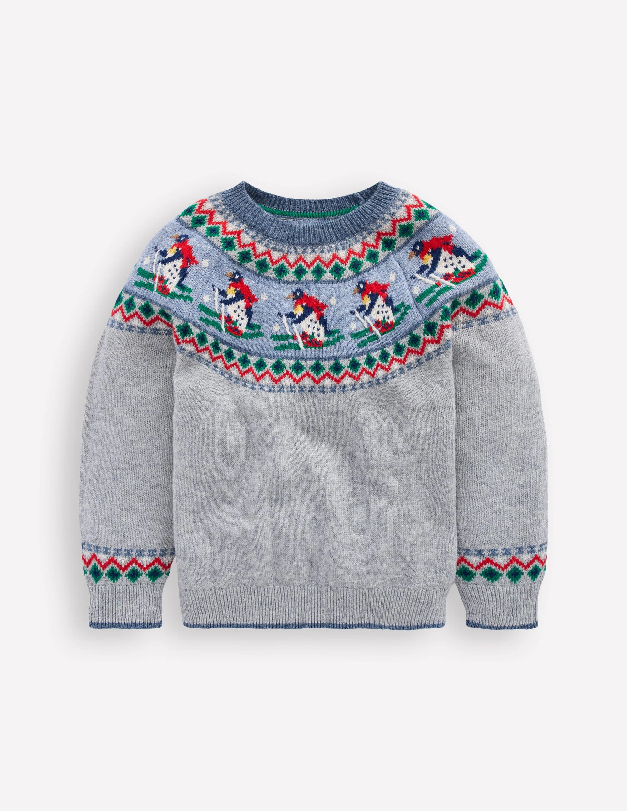 Fair Isle Jumper-Grey Marl Skiing Penguins