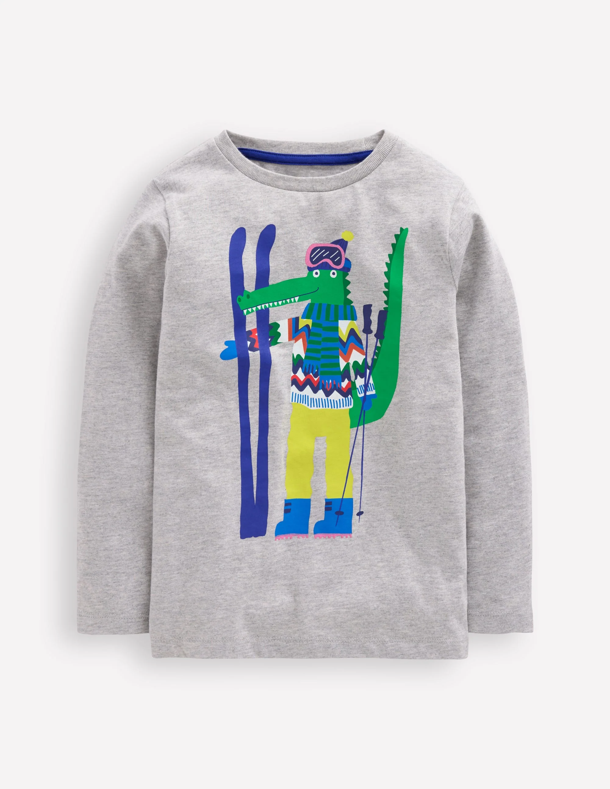 Long Sleeve Novelty T-shirt-Grey Marl Skiing Croc