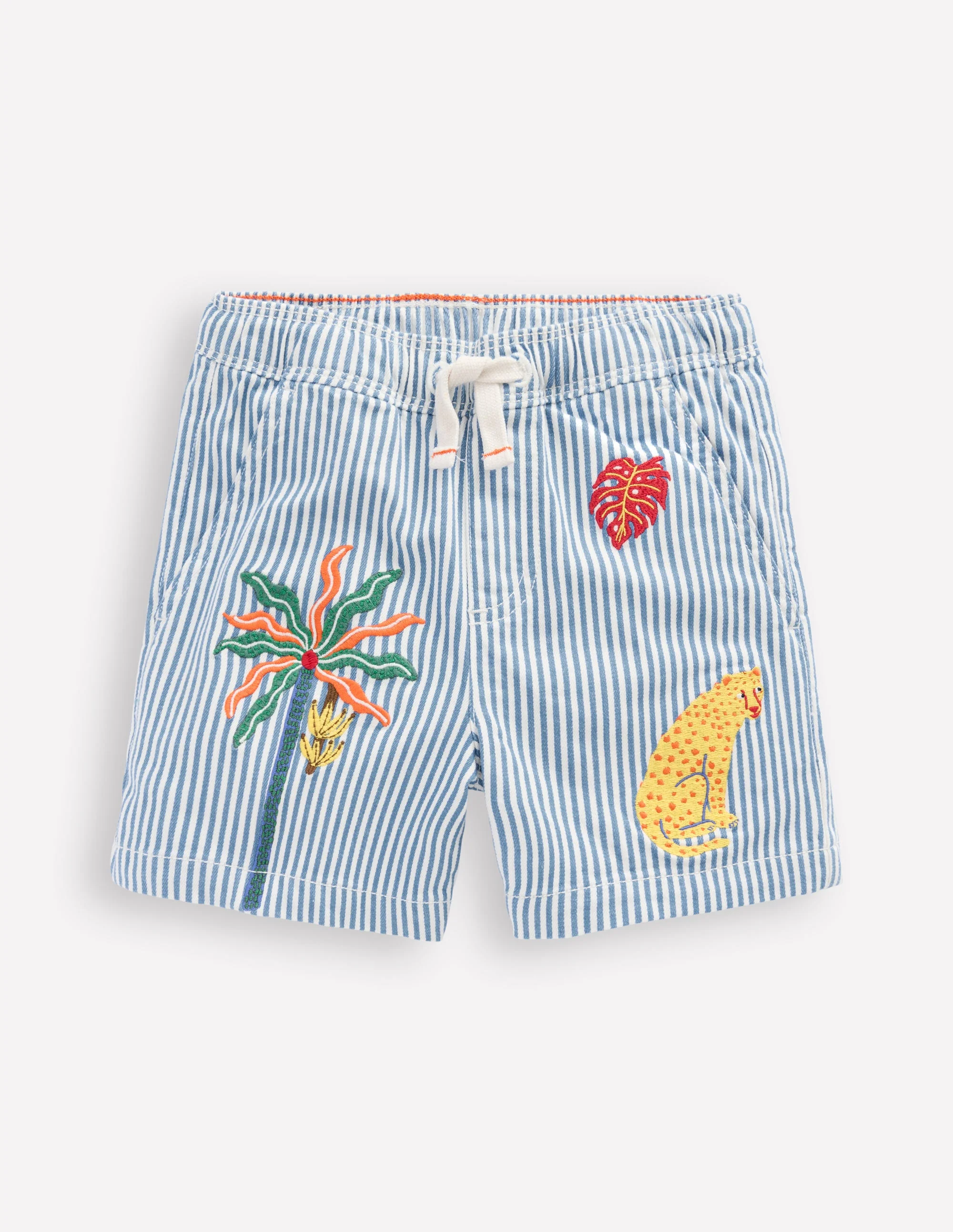 Pull-On Cotton Shorts-Campanula Ticking Embroidery