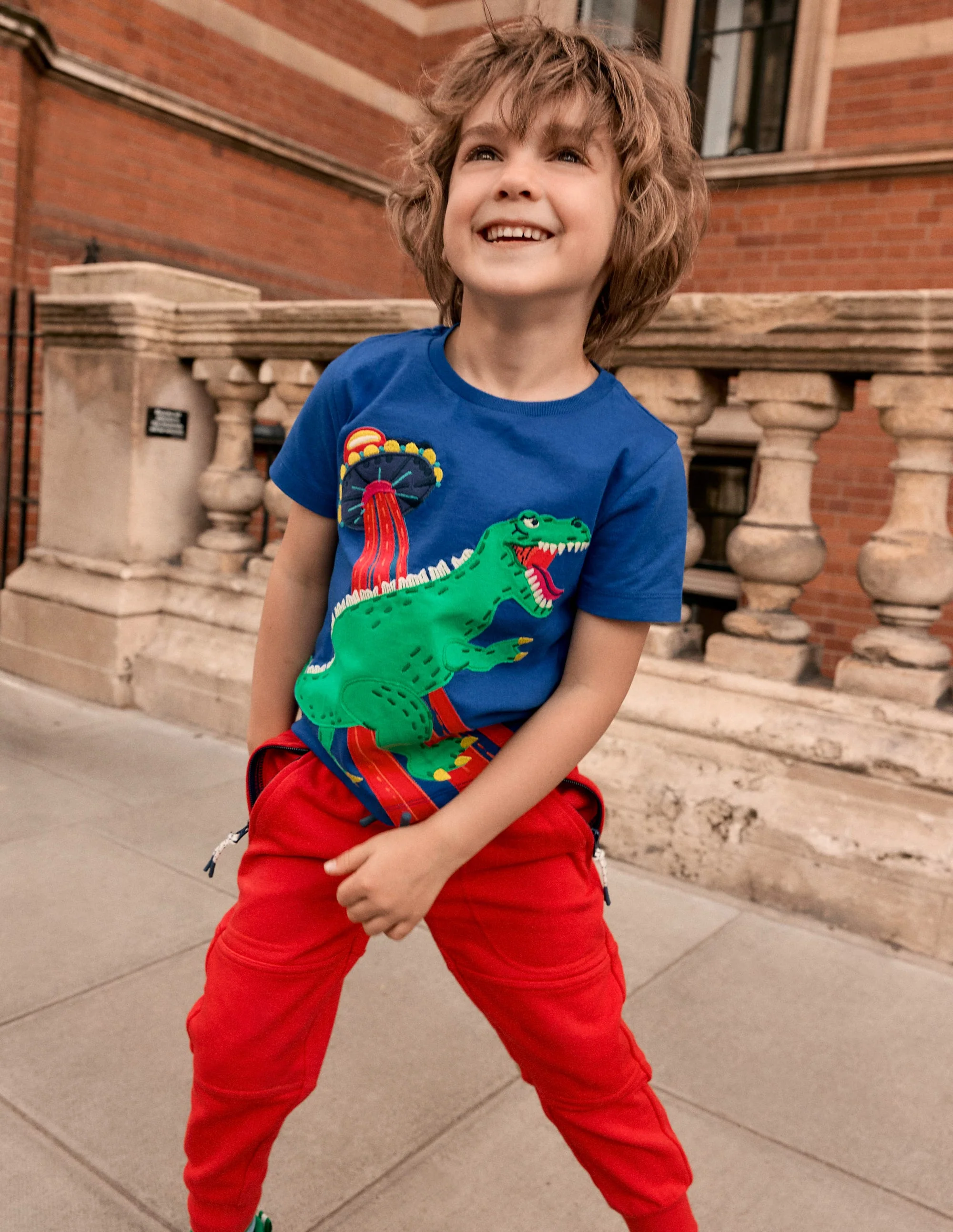 Short Sleeve Appliqué T-shirt-Dino Space - Image 4