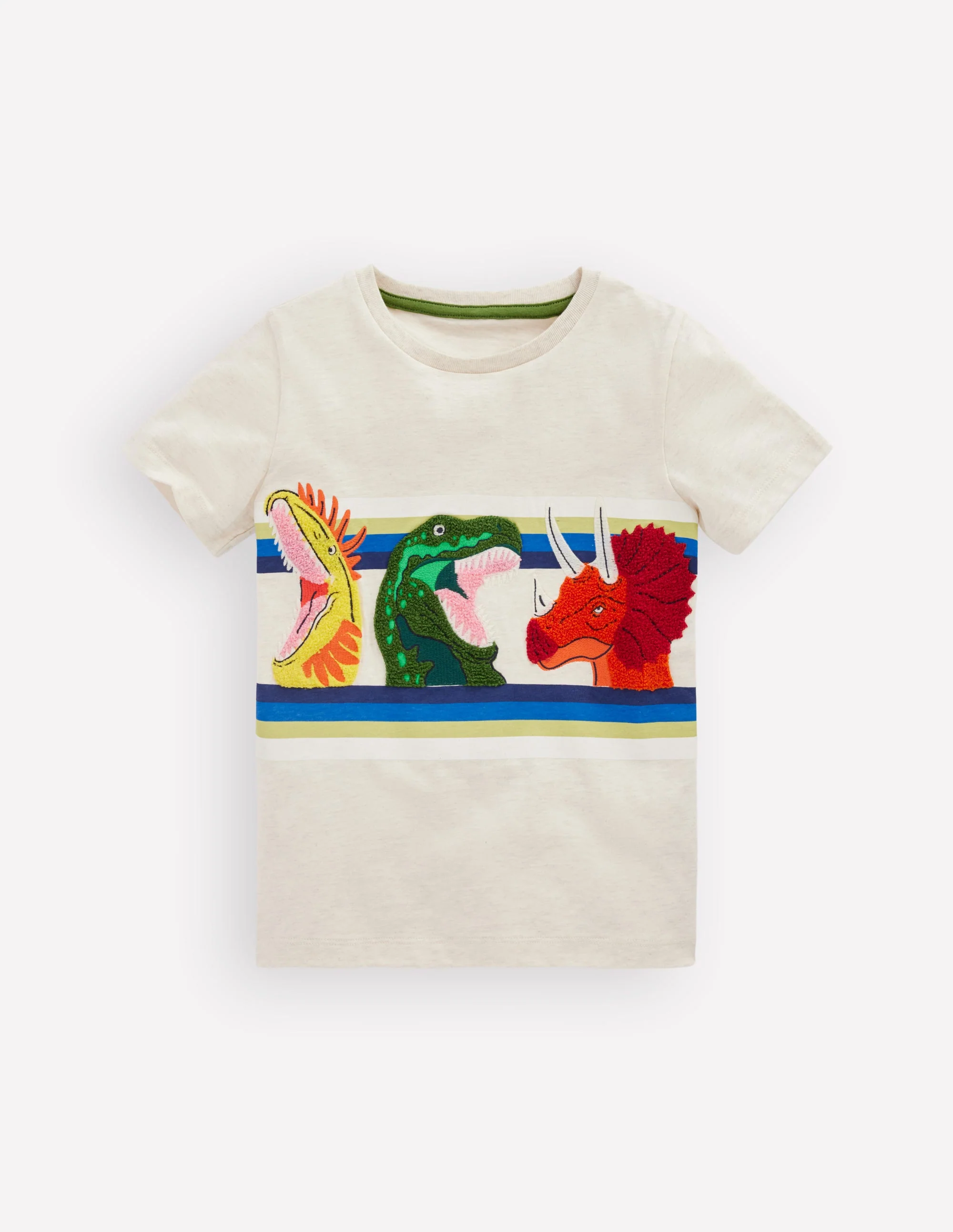 Short Sleeve Appliqué T-shirt-Oatmeal Marl Dino Stripe