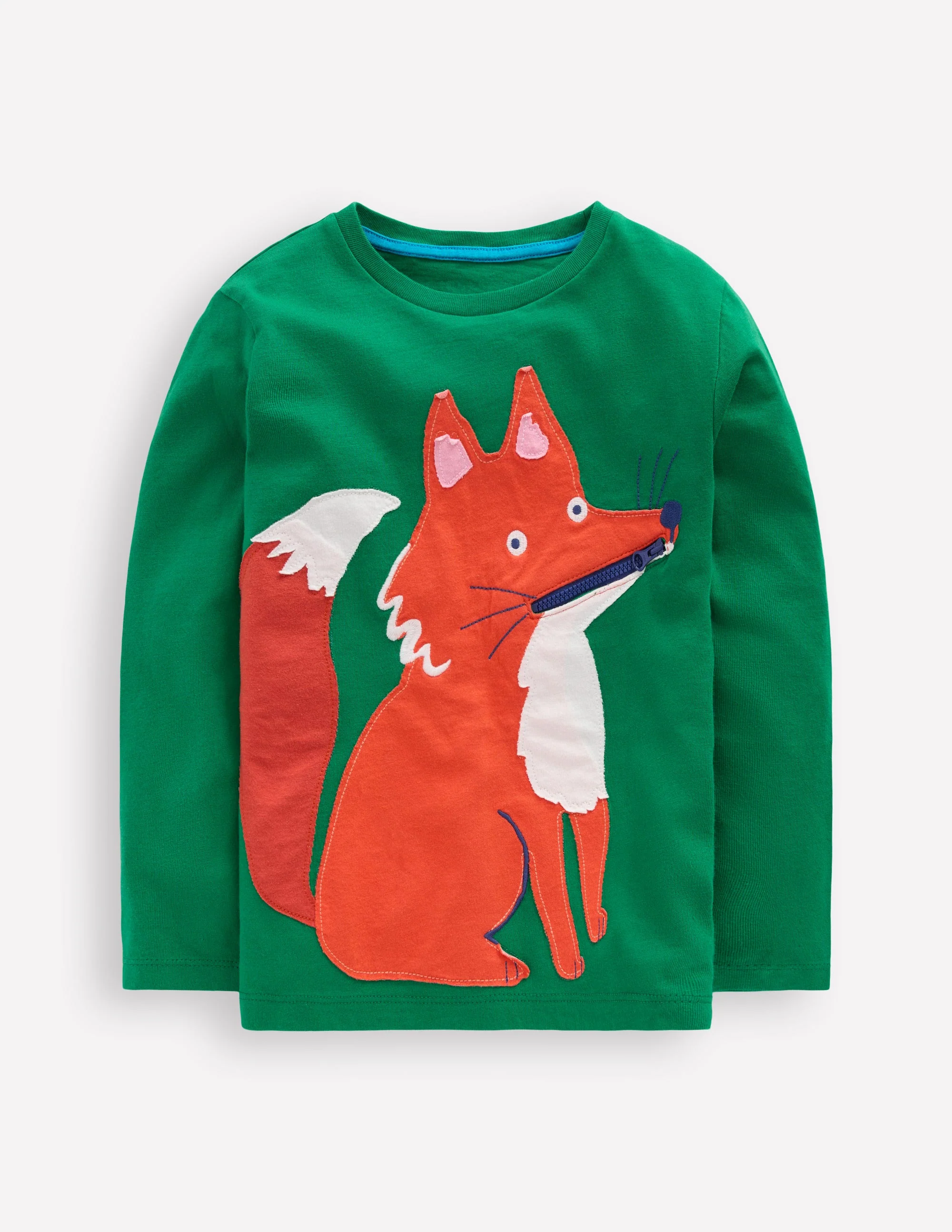 Zip Detail Appliqué T-shirt-Shady Green Fox