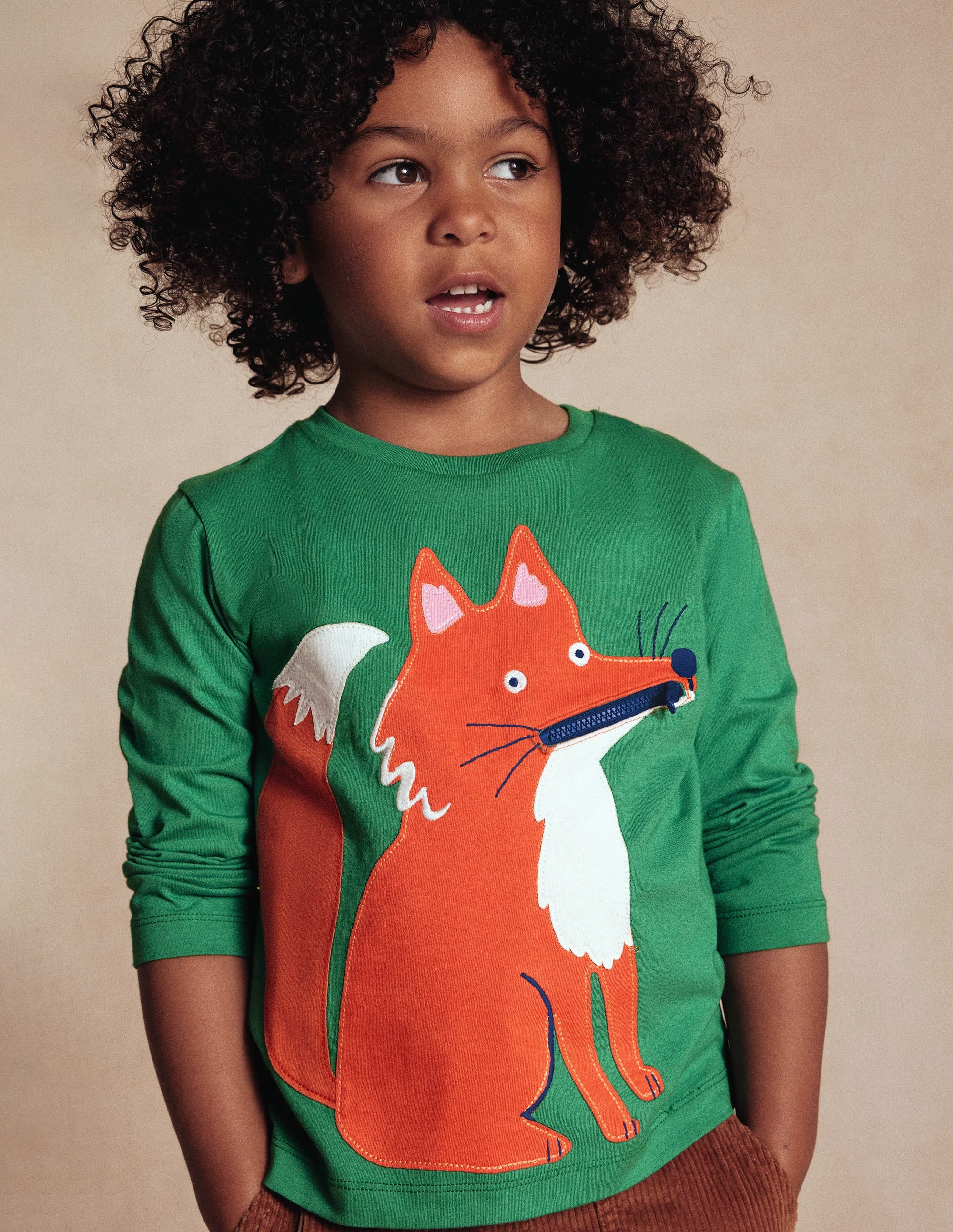 Zip Detail Appliqué T-shirt-Shady Green Fox - Image 4