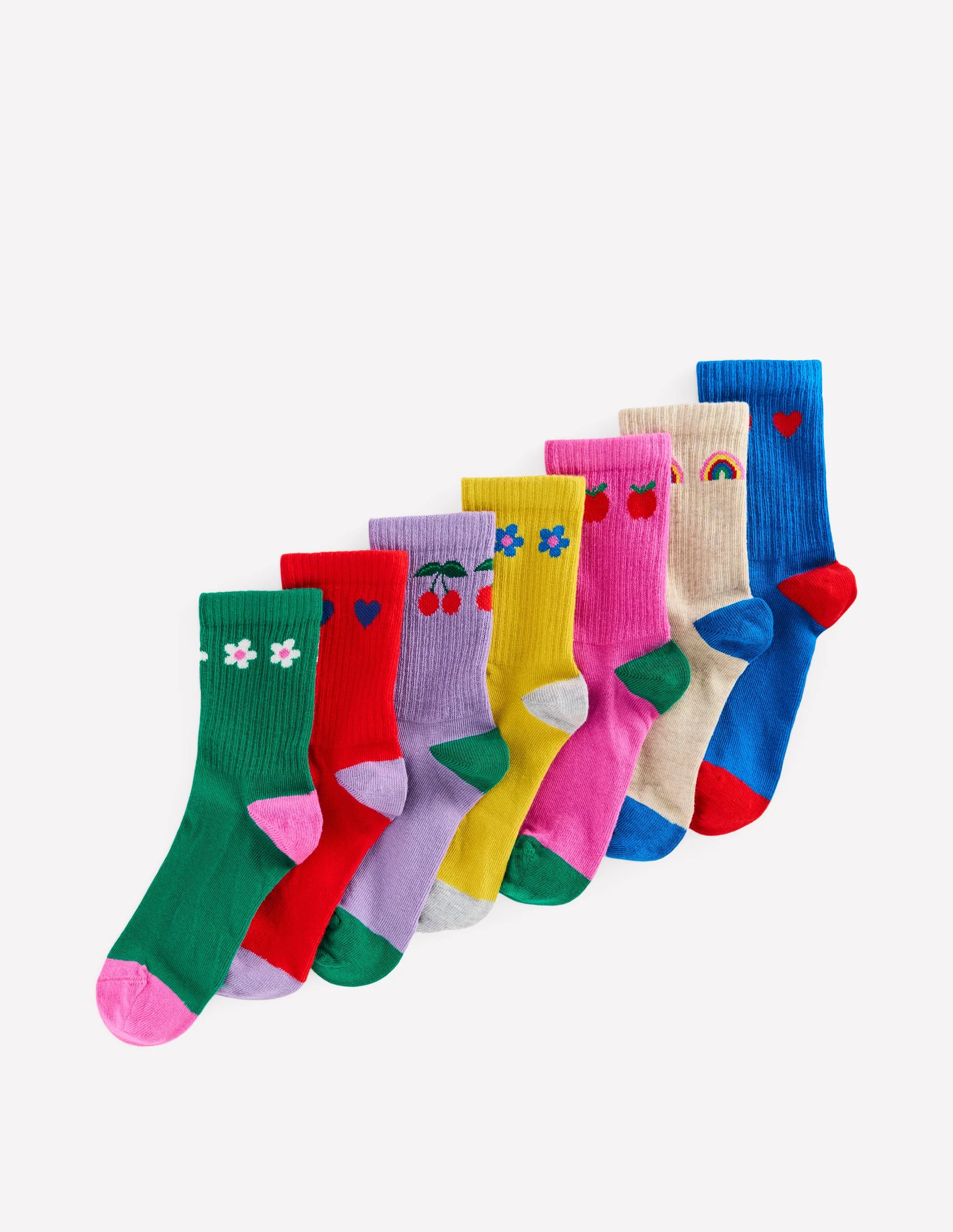 7-Pack Ribbed Socks-Flowers/Rainbows