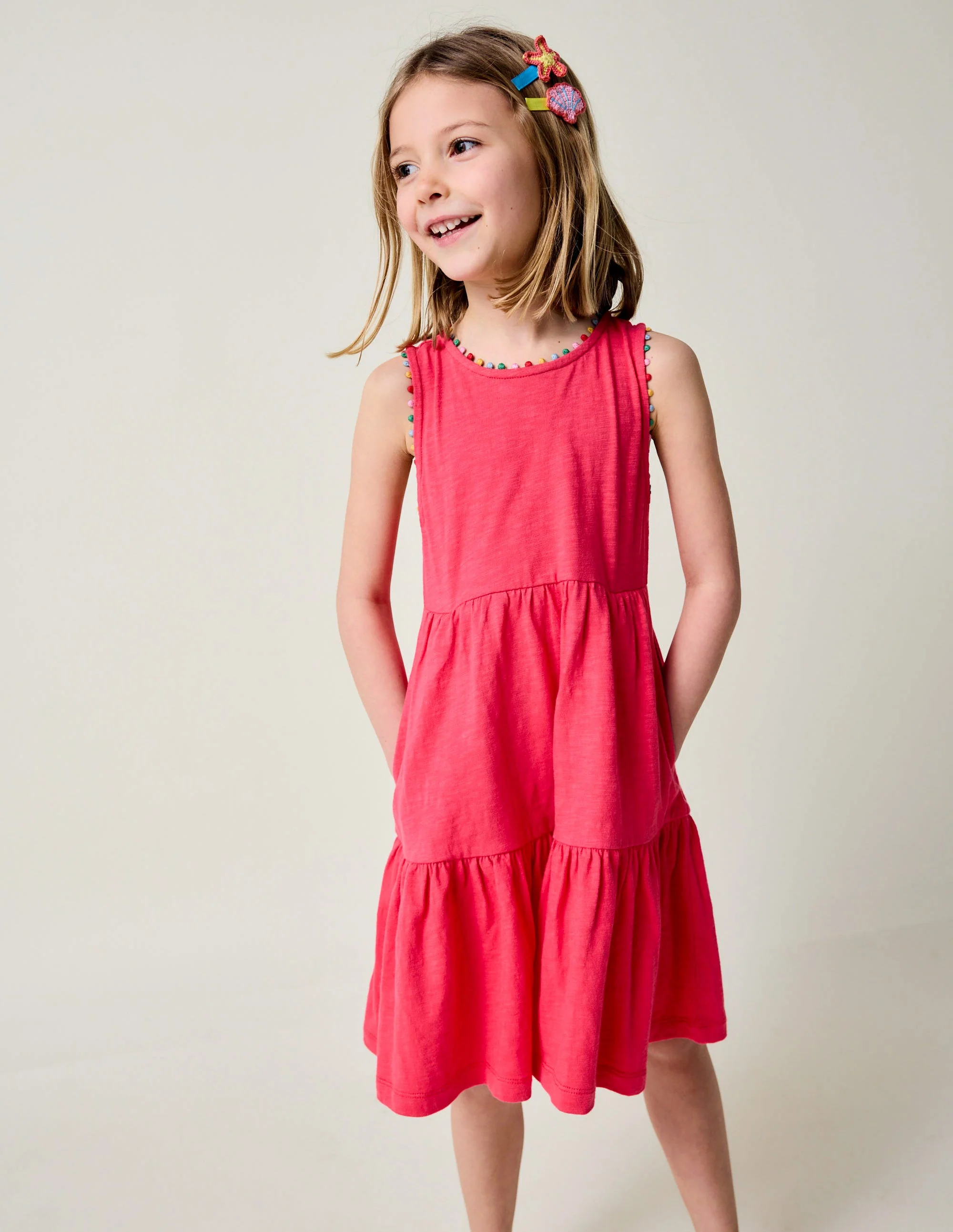 Ali Pom Trim Jersey Dress-Fandango Pink