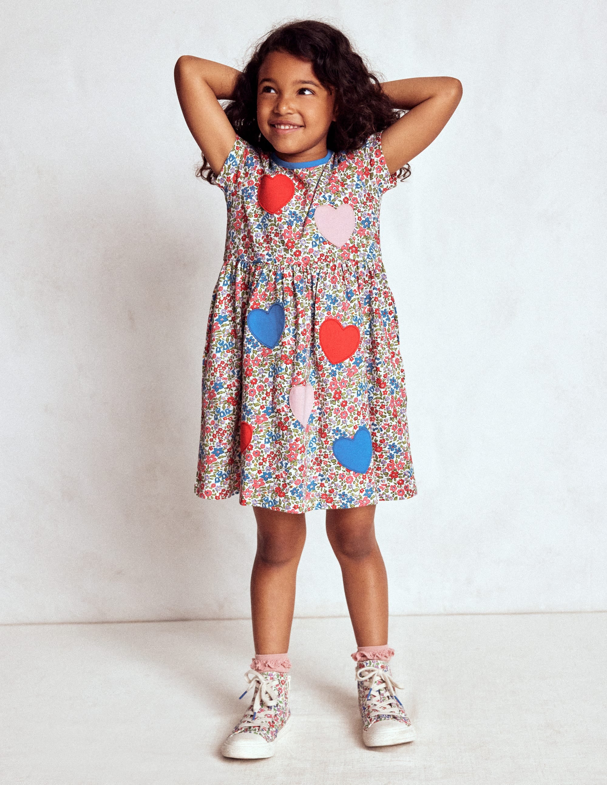 Appliqué T-shirt Dress-Rose Pink Flowerbed Hearts - Image 3