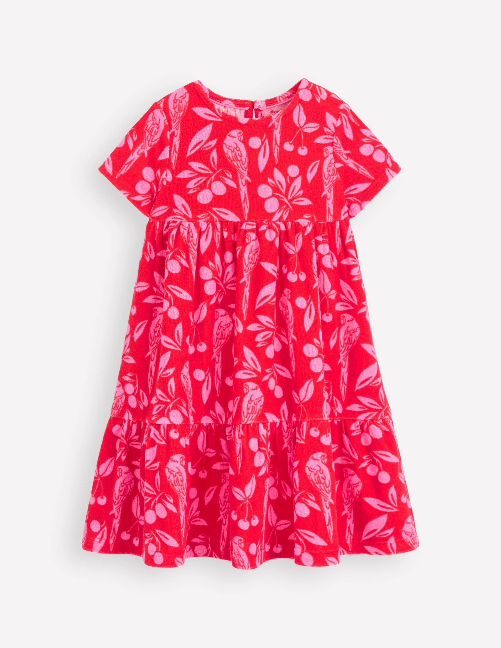 Ariel Twirly Towelling Dress-Poppy Red Parrot Palm