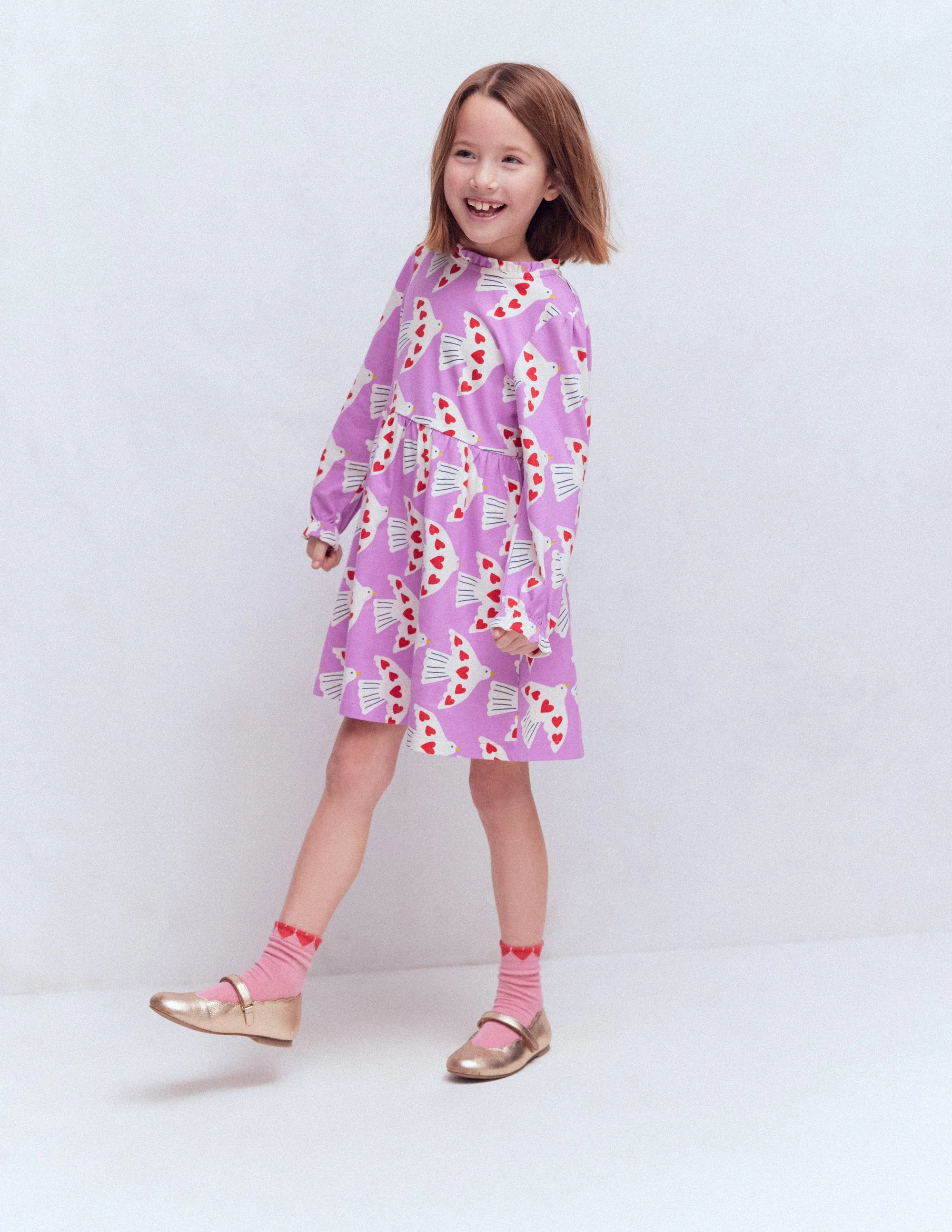 Blouson Sleeve Jersey Dress-Pale Pansy Love Birds - Image 2