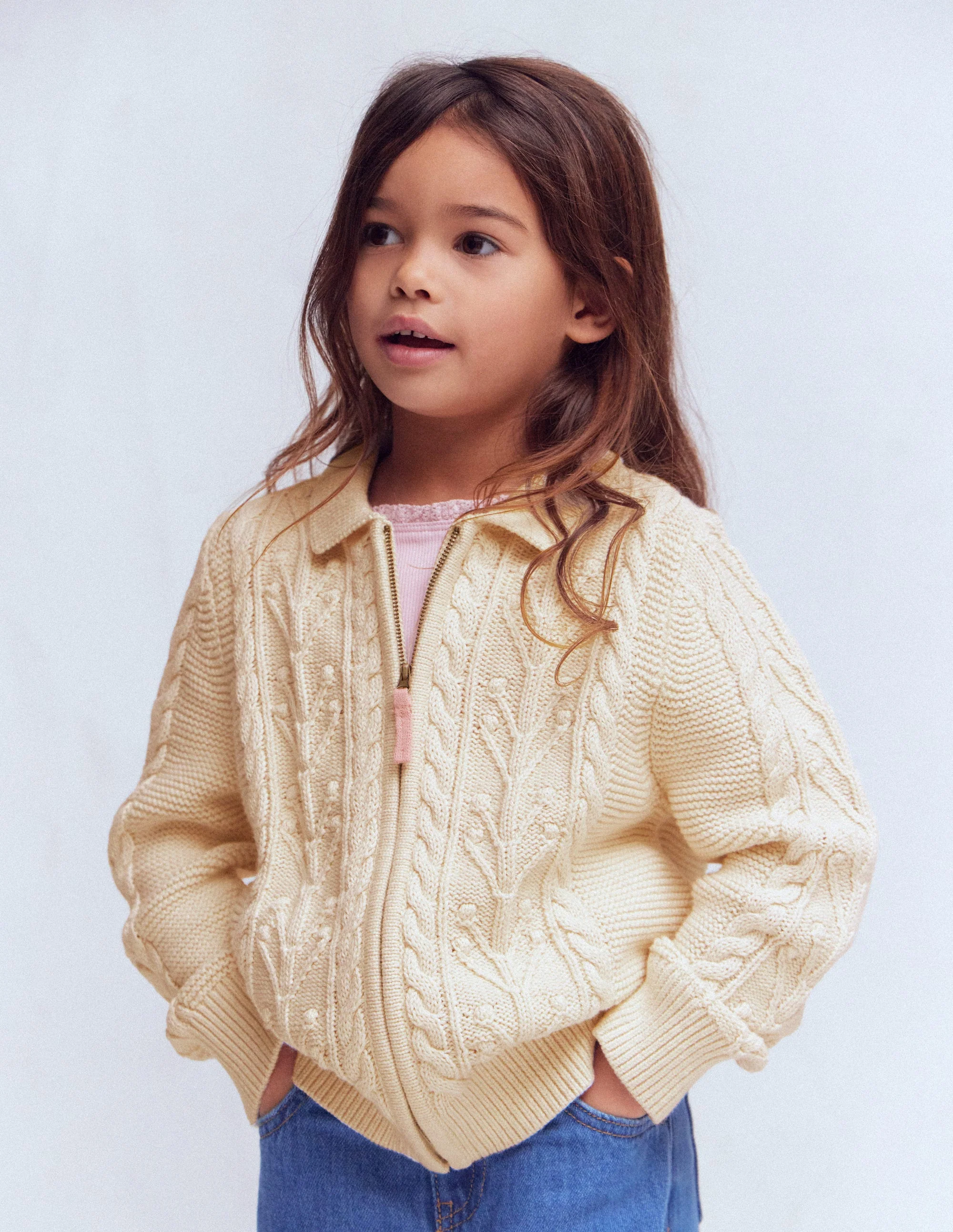 Collared Cable Zip-up-Ecru Marl