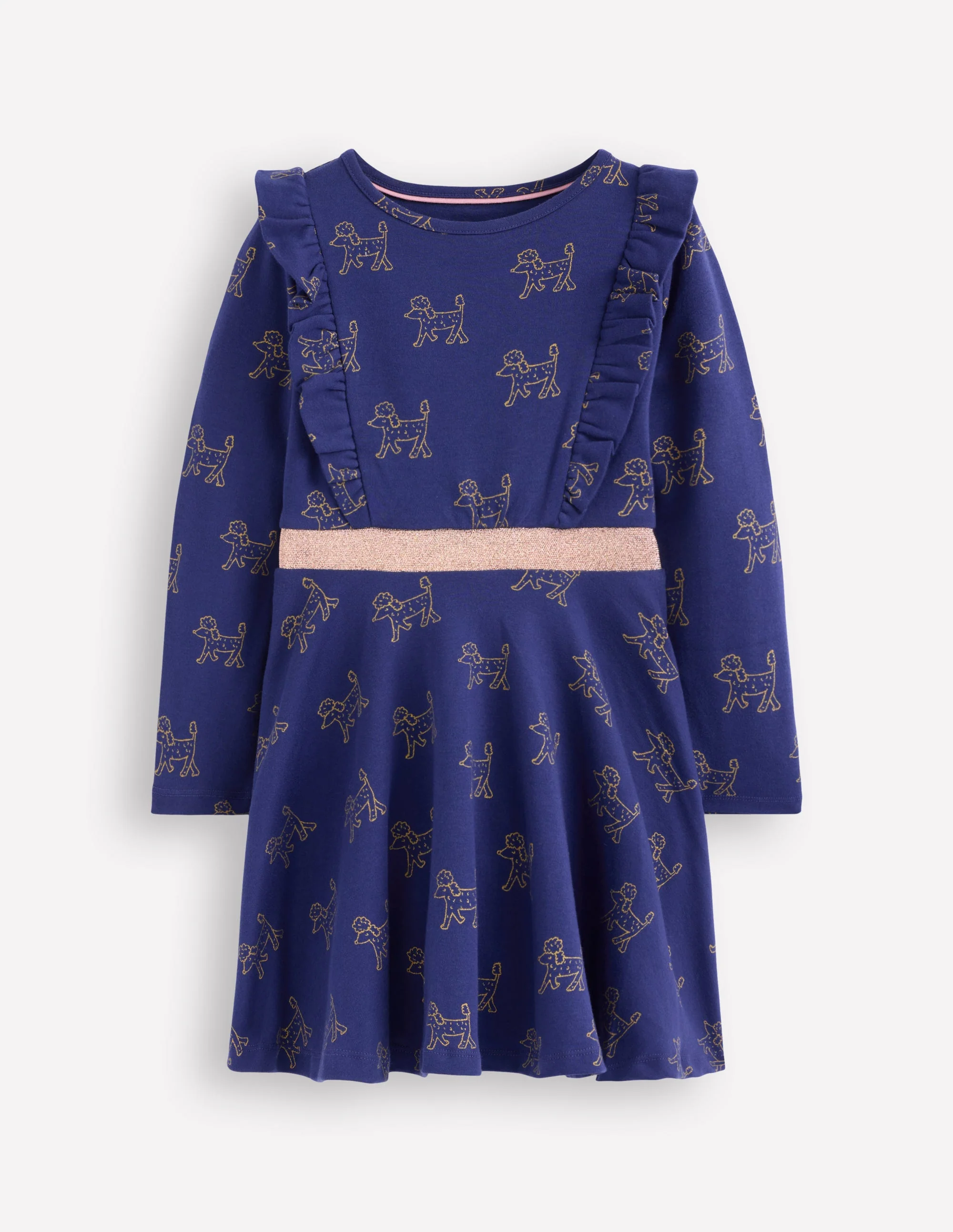 Cora Twirly Jersey Dress-Navy Foil Poodles