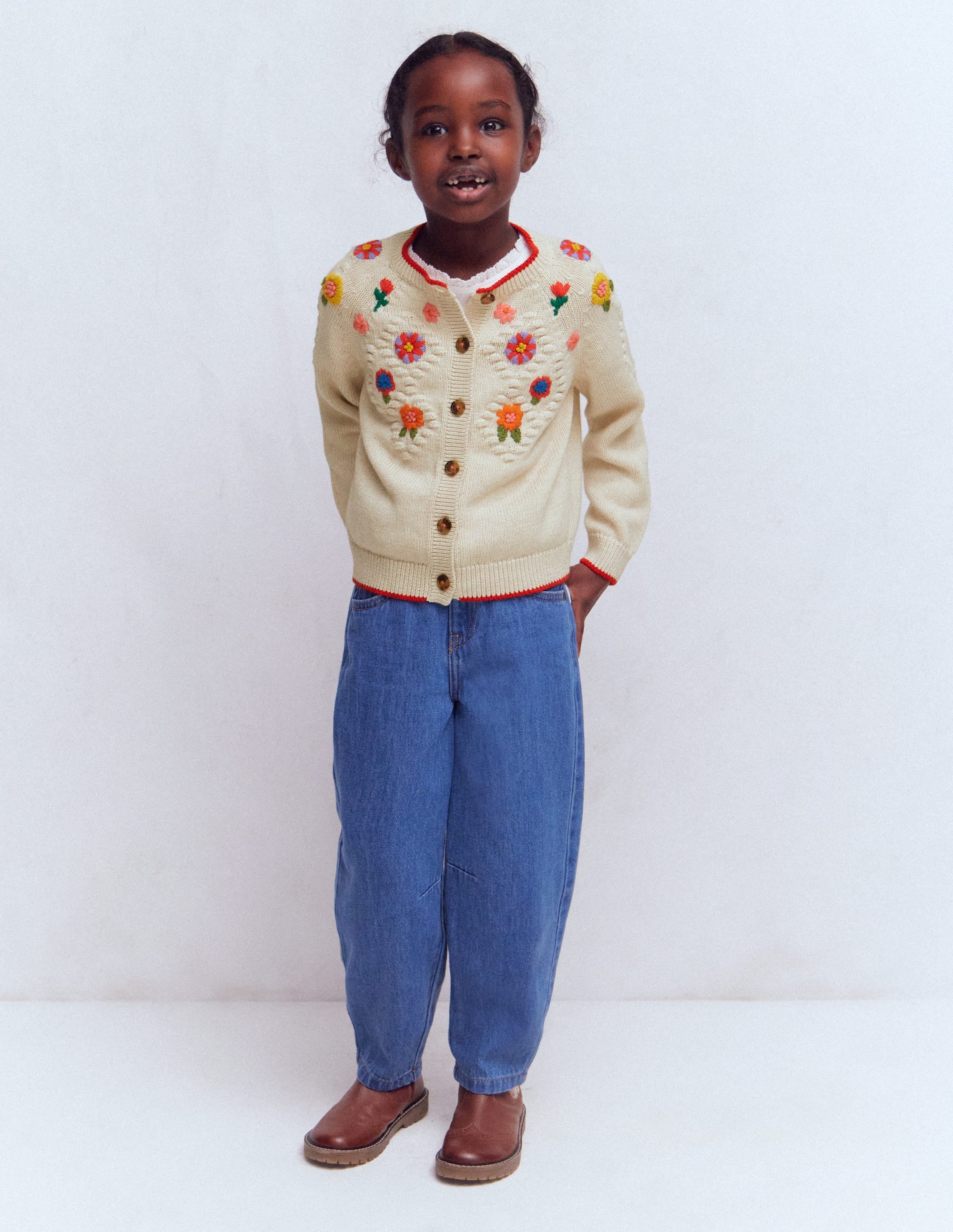 Cotton Embroidered Cardigan-Ecru Marl Flowers