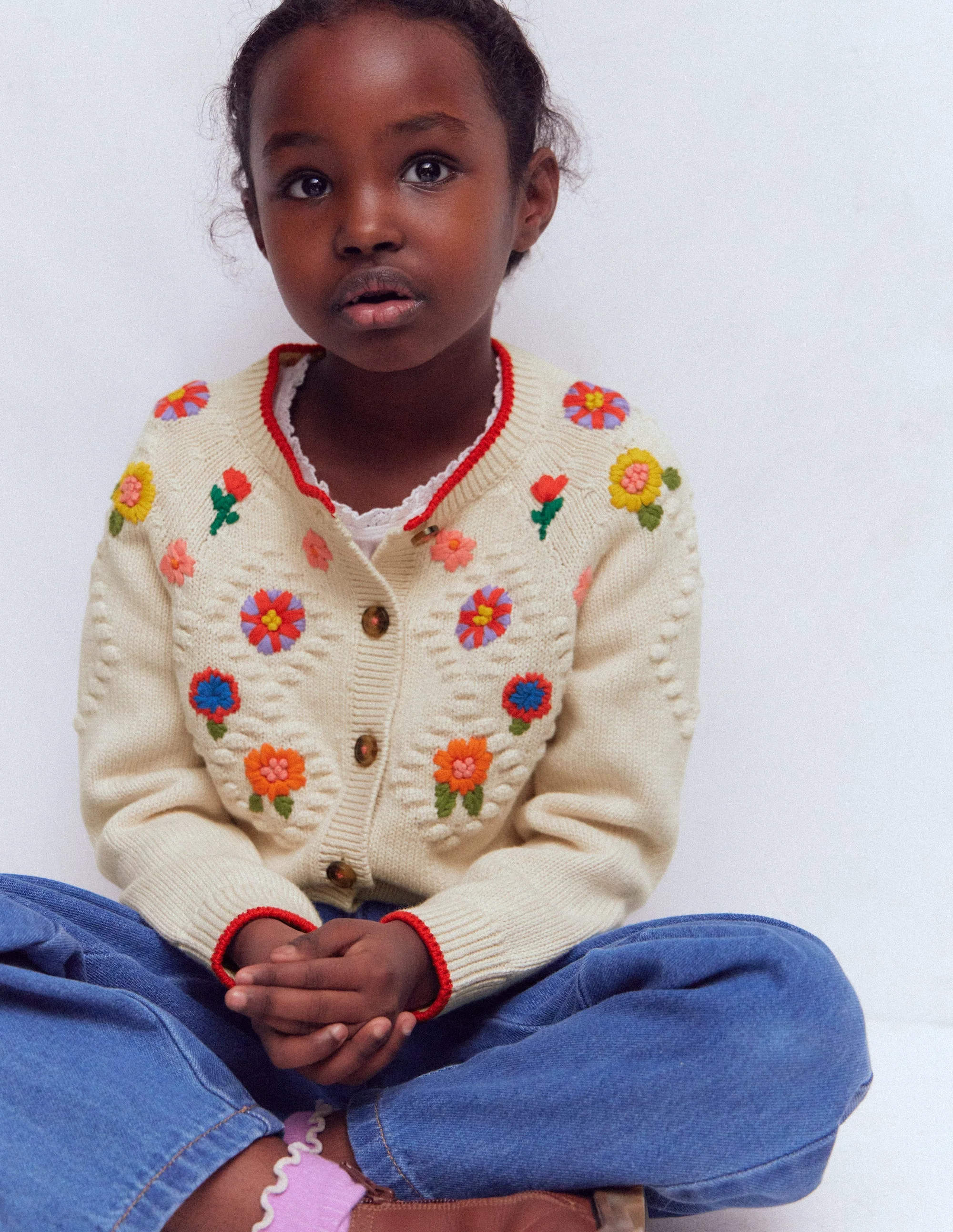 Cotton Embroidered Cardigan-Ecru Marl Flowers - Image 3