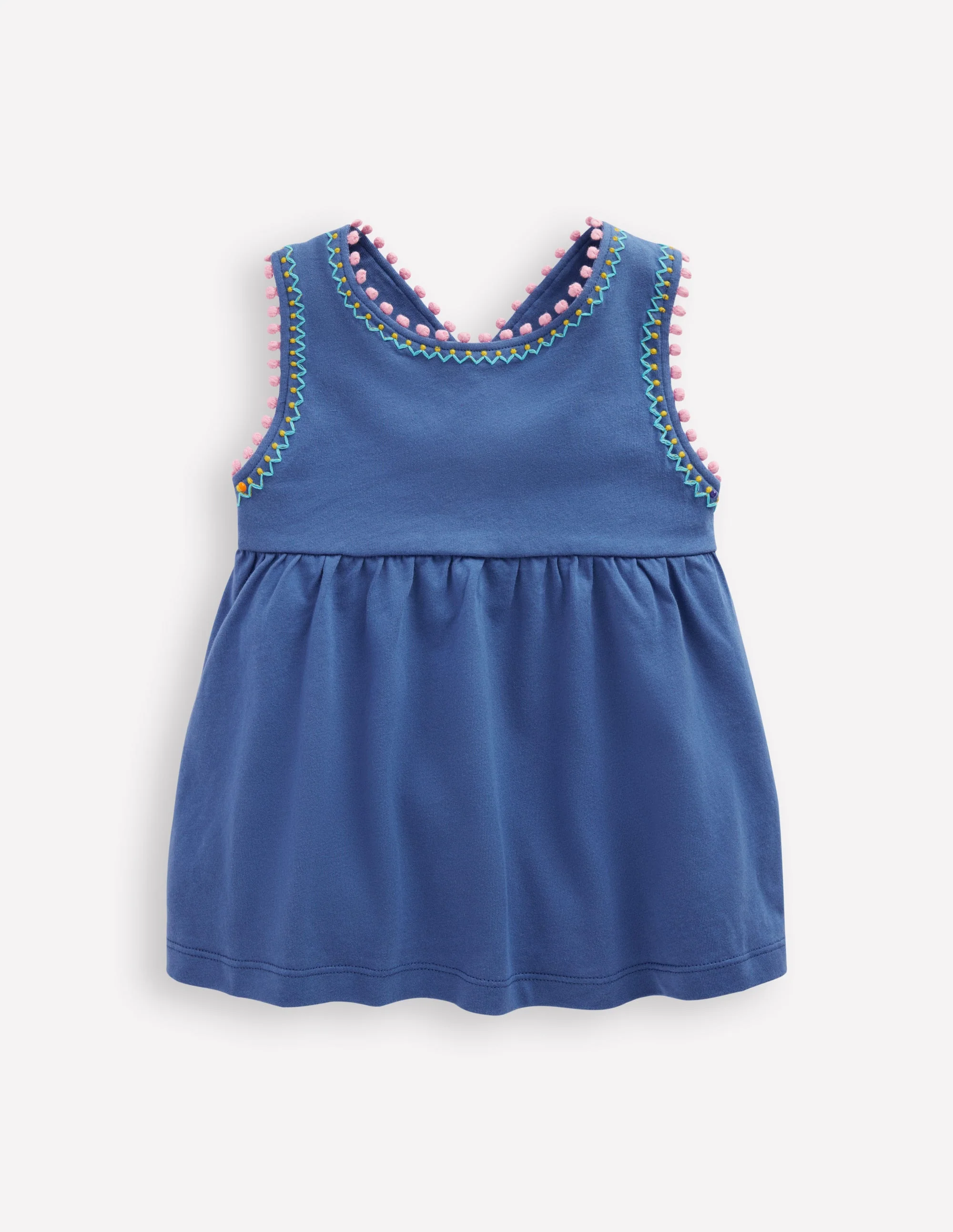 Cross-Back Pom Trim Top-Azure Blue