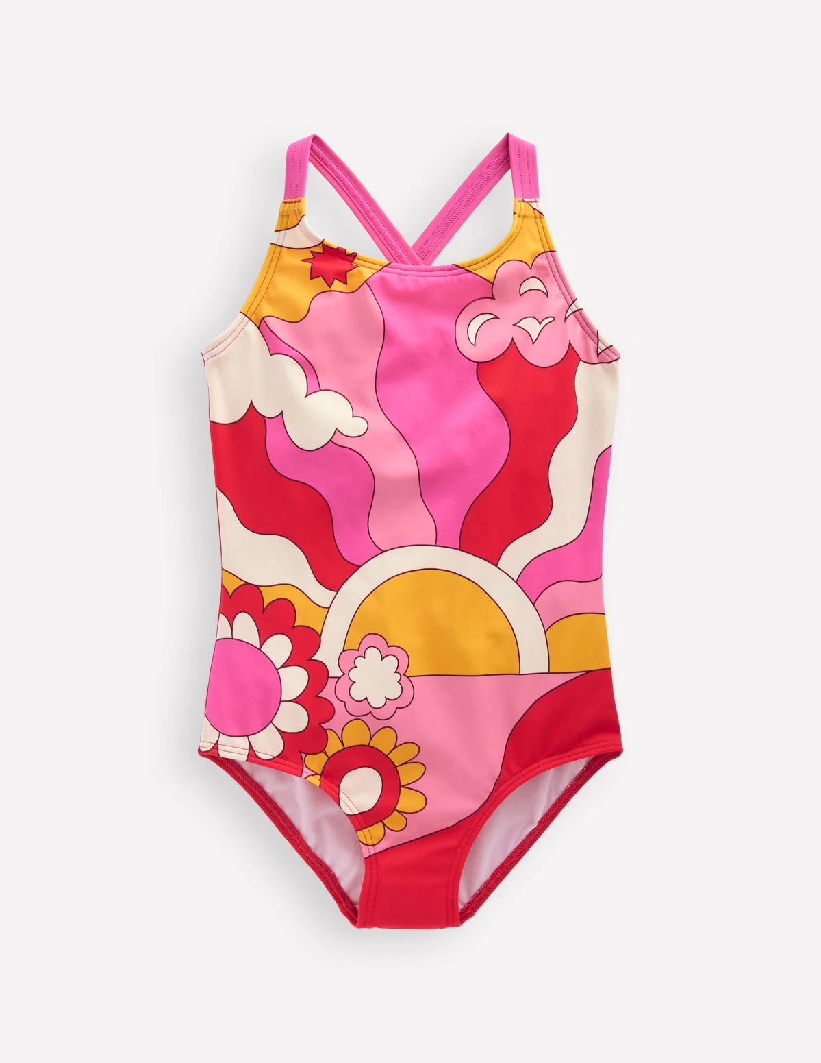 Cross-Back Printed Swimsuit-Cinnamon Red Sixties Sunrise