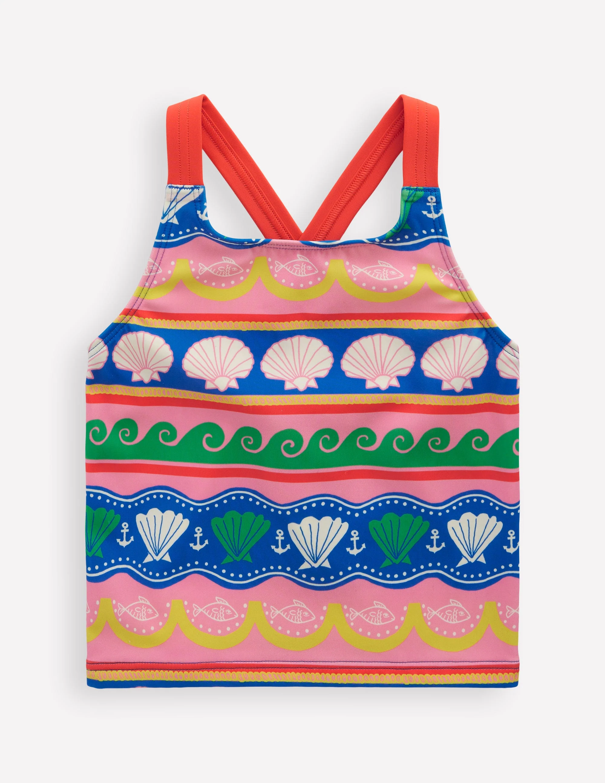 Cross-Back Tankini Top-Multi Sea Shell Stripe