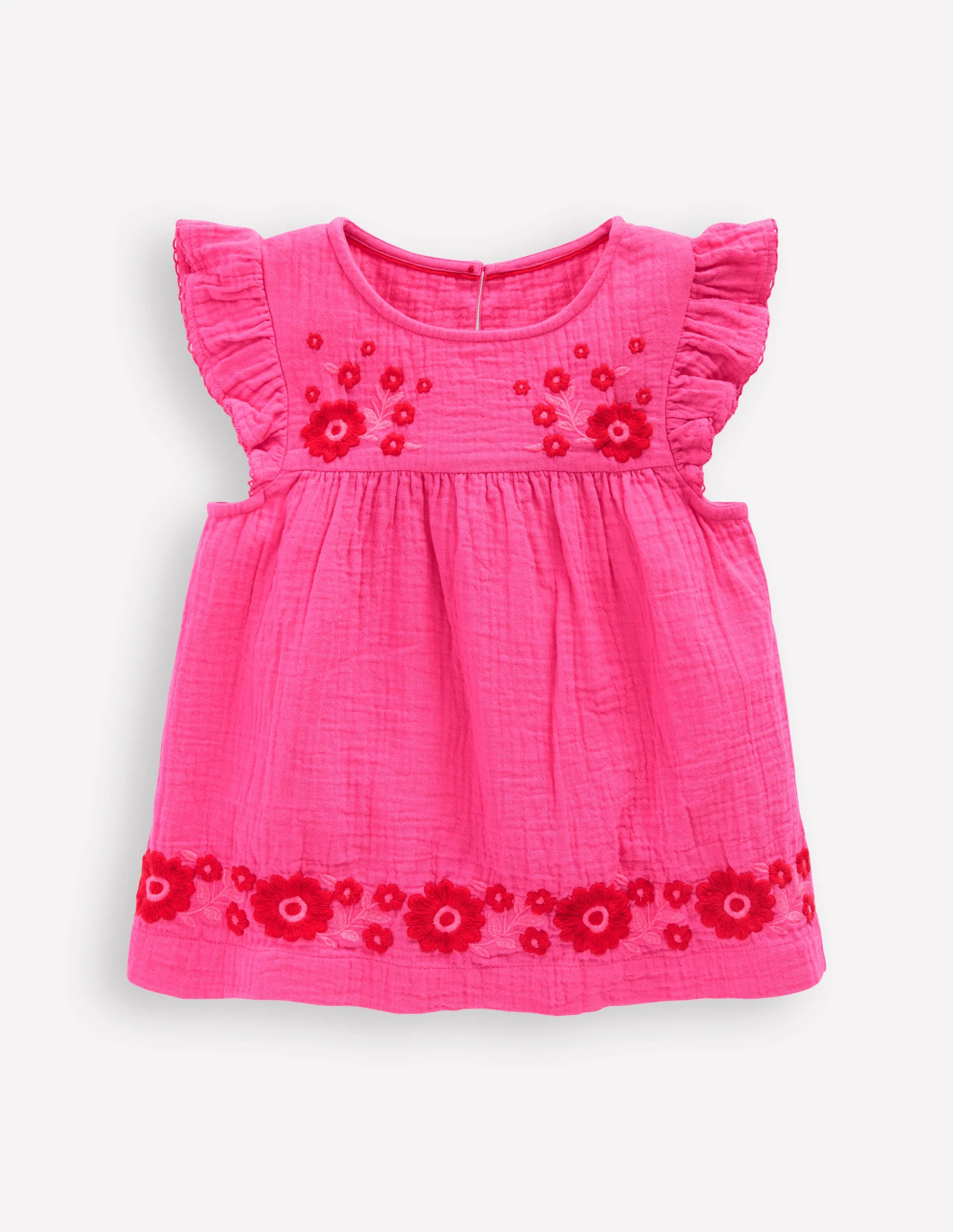 Double Cloth Frill Sleeve Top-Sorbet Pink Embroidered