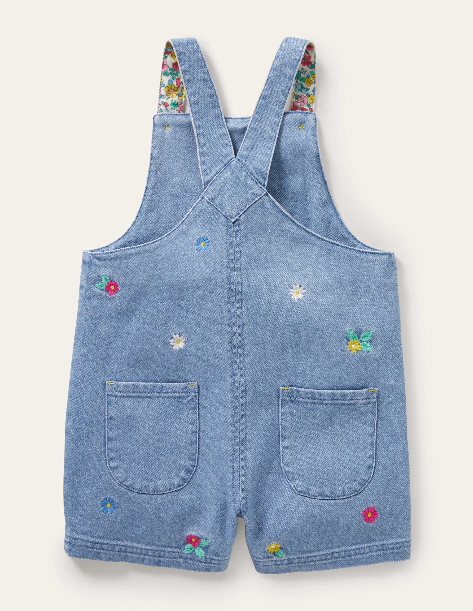 Embroidered Short Dungaree-Mid Vintage Denim Floral - Image 2