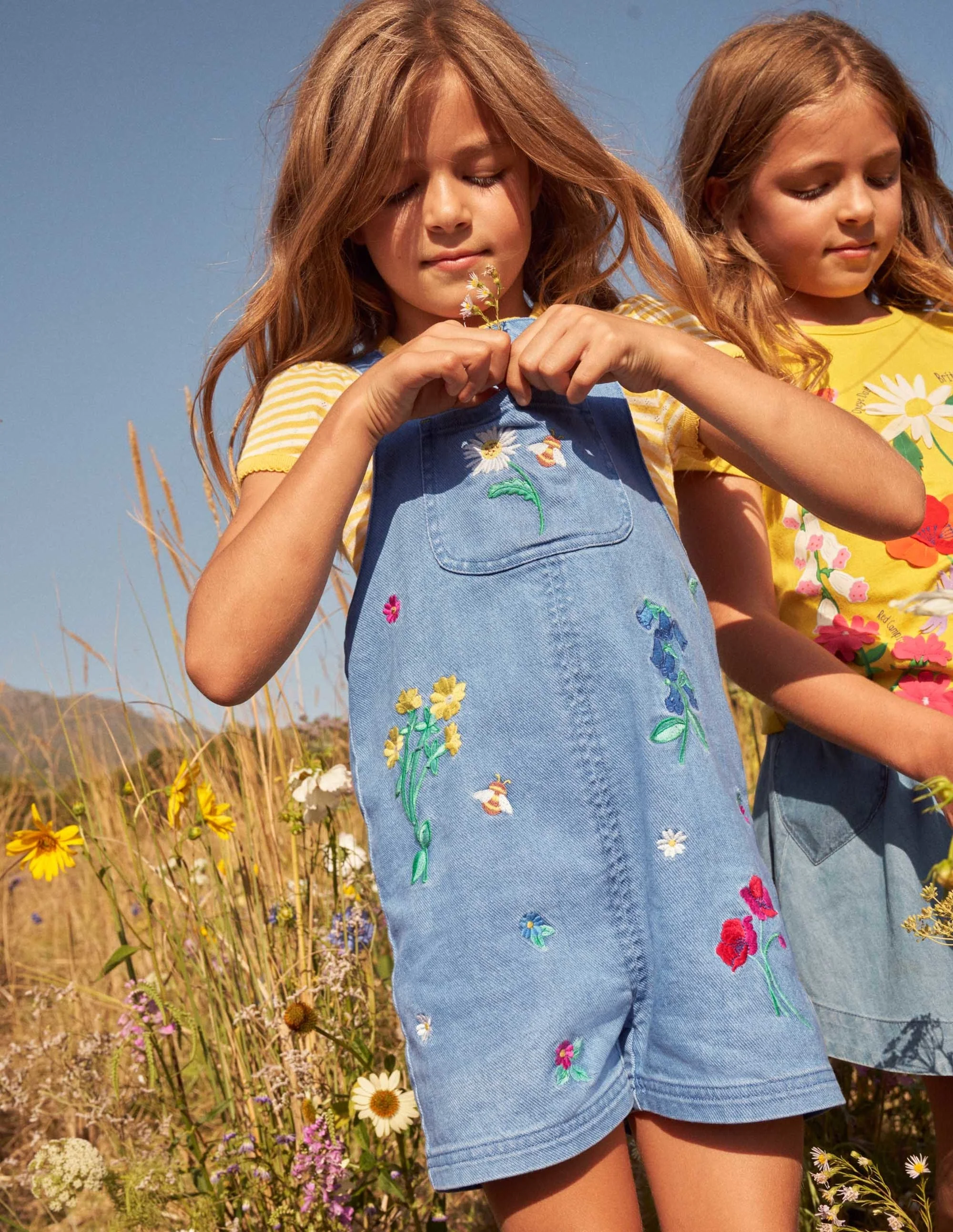 Embroidered Short Dungaree-Mid Vintage Denim Floral - Image 6