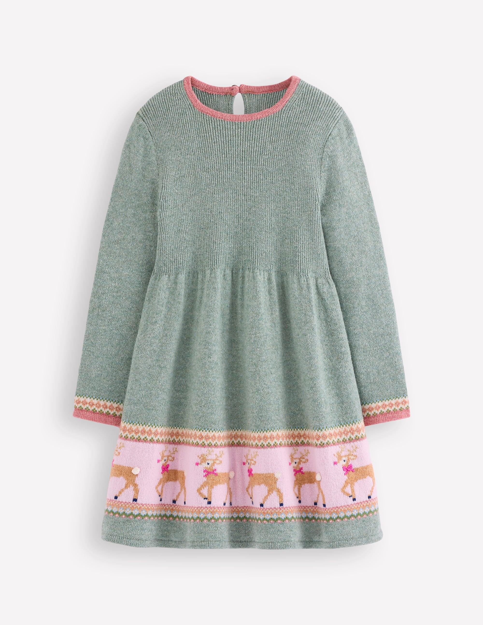 Fair Isle Knitted Dress-Eucalyptus Reindeer Fair Isle