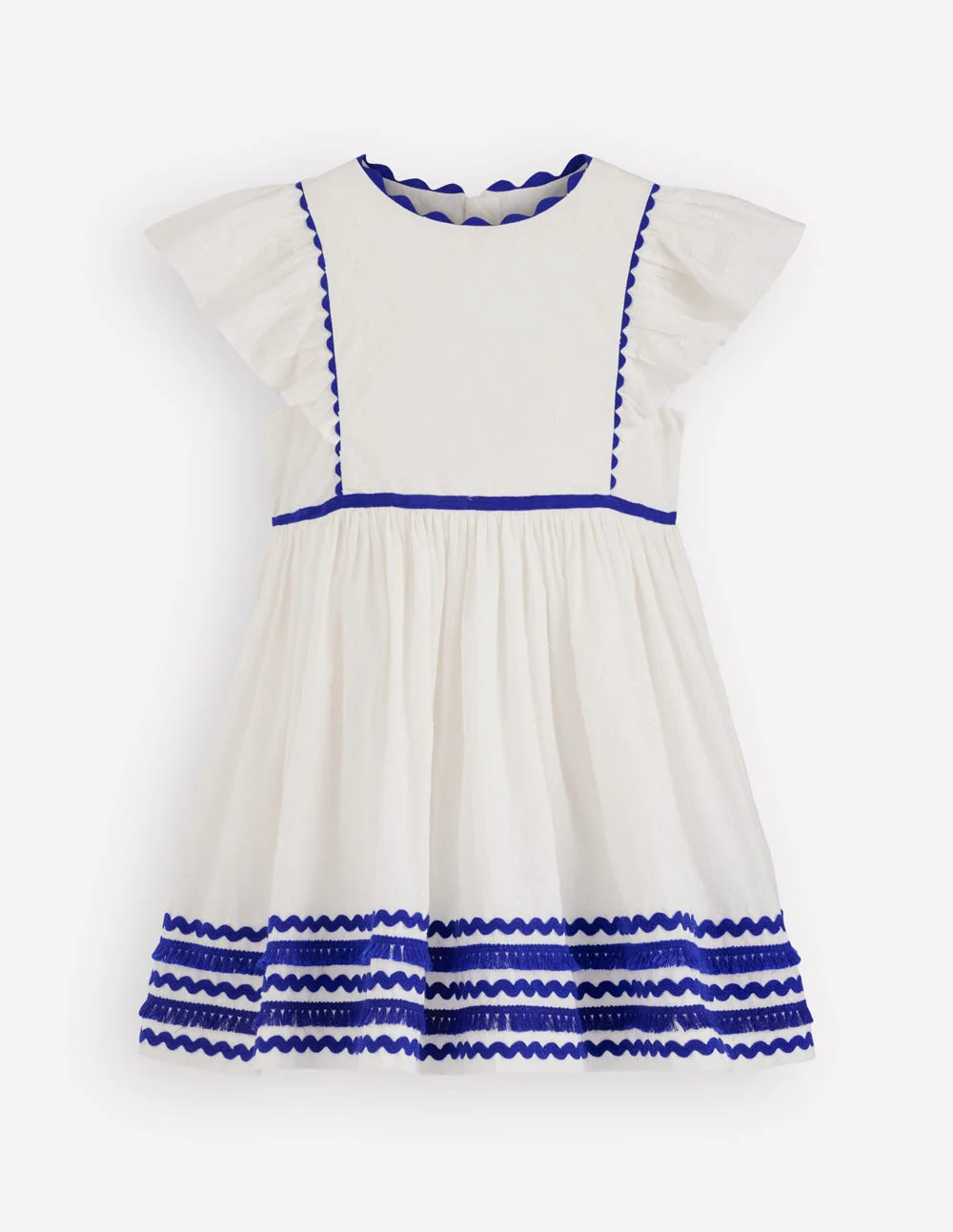 Flutter Sleeve Ric Rac Dress-Soft Ivory/ Bright Blue