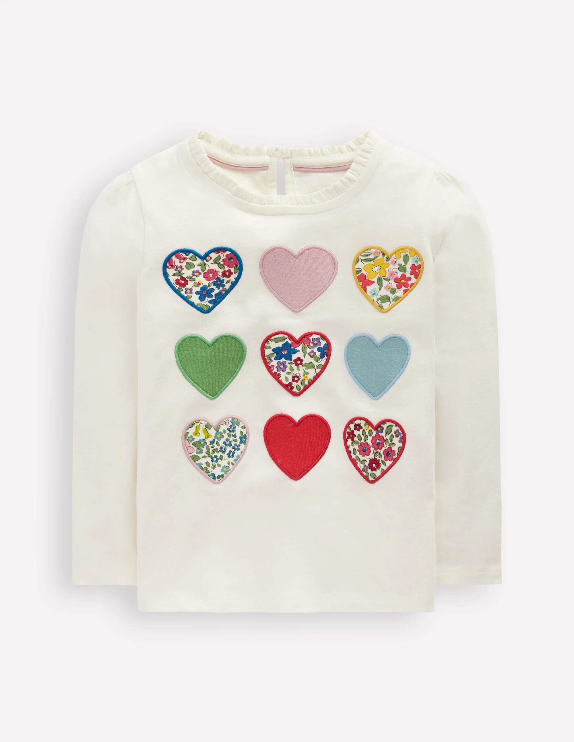 Frill Neck Appliqué T-shirt-Soft Ivory Hearts