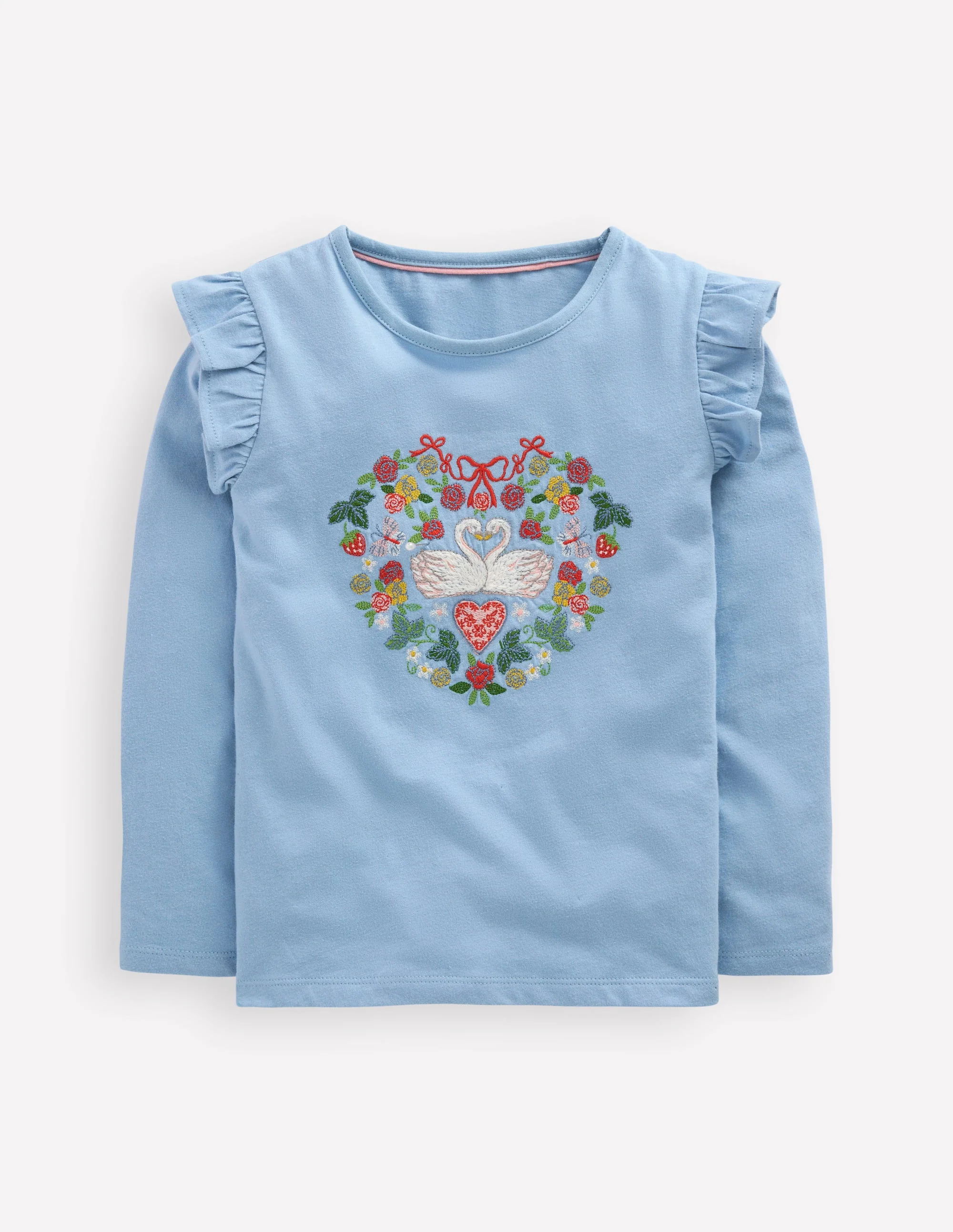 Frill Sleeve Appliqué T-shirt-Blue Lovebirds