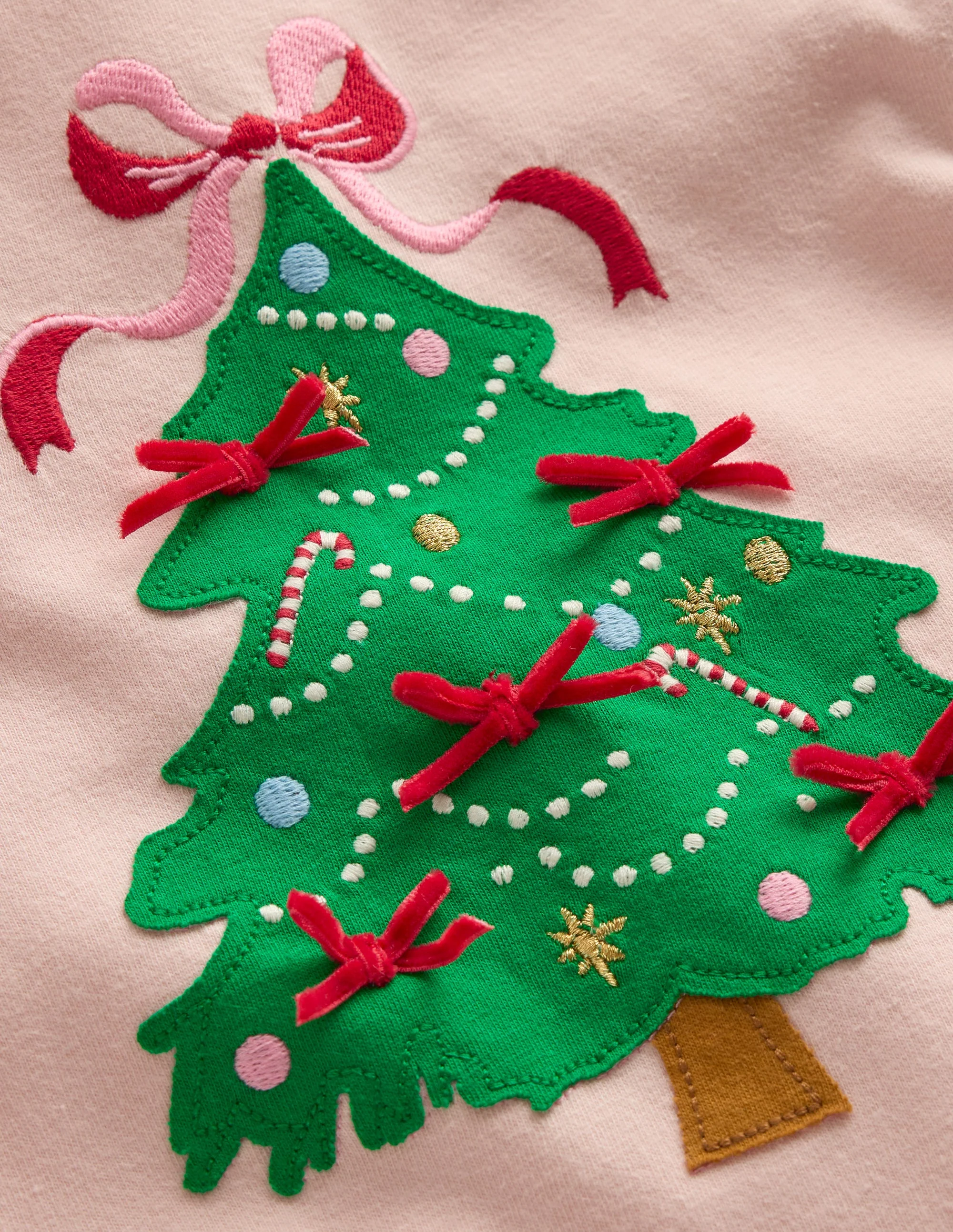 Frill Sleeve Appliqué T-shirt-Chalk Pink Christmas Tree - Image 3