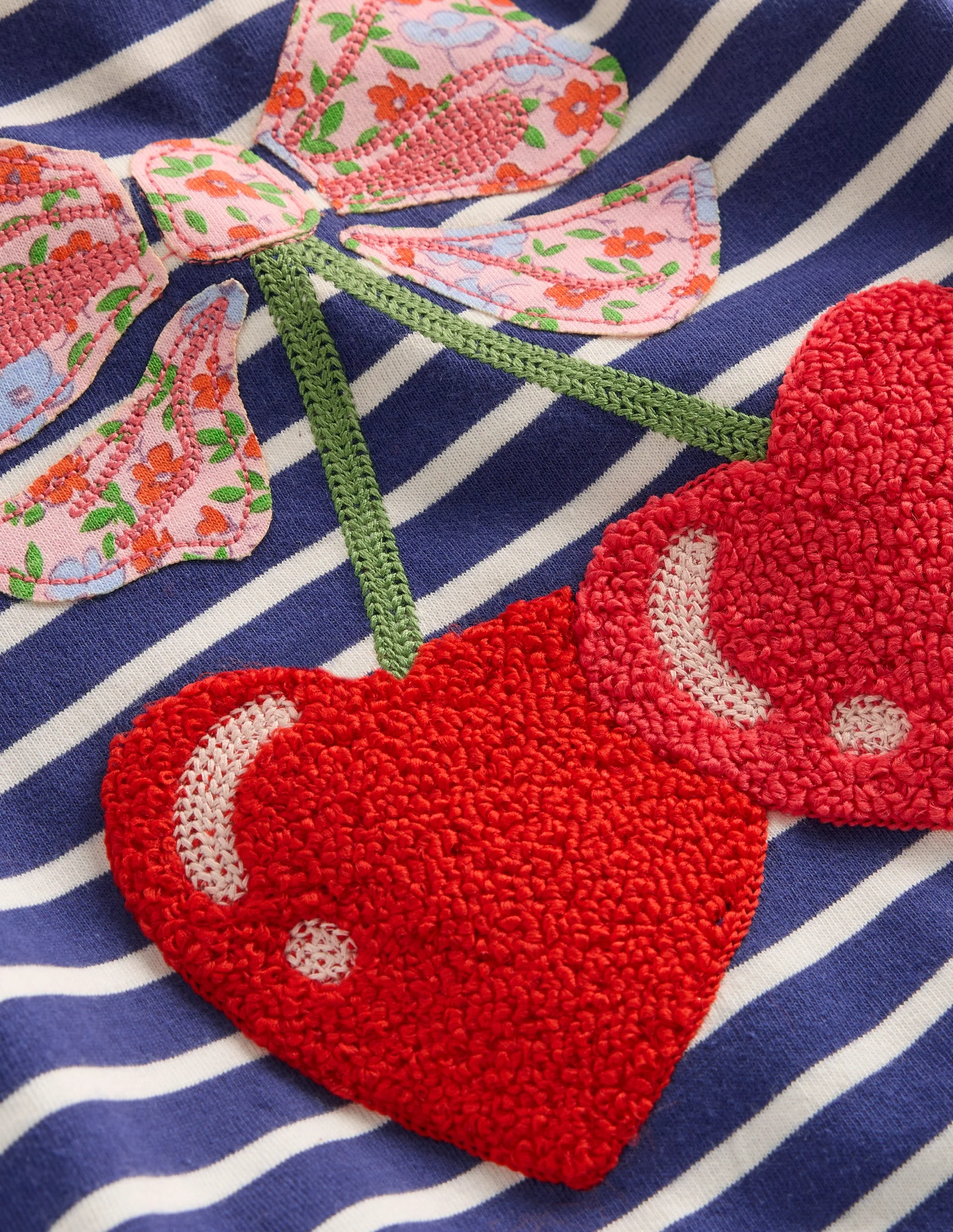 Frill Sleeve Appliqué T-shirt-Starboard Blue Cherry Hearts - Image 3