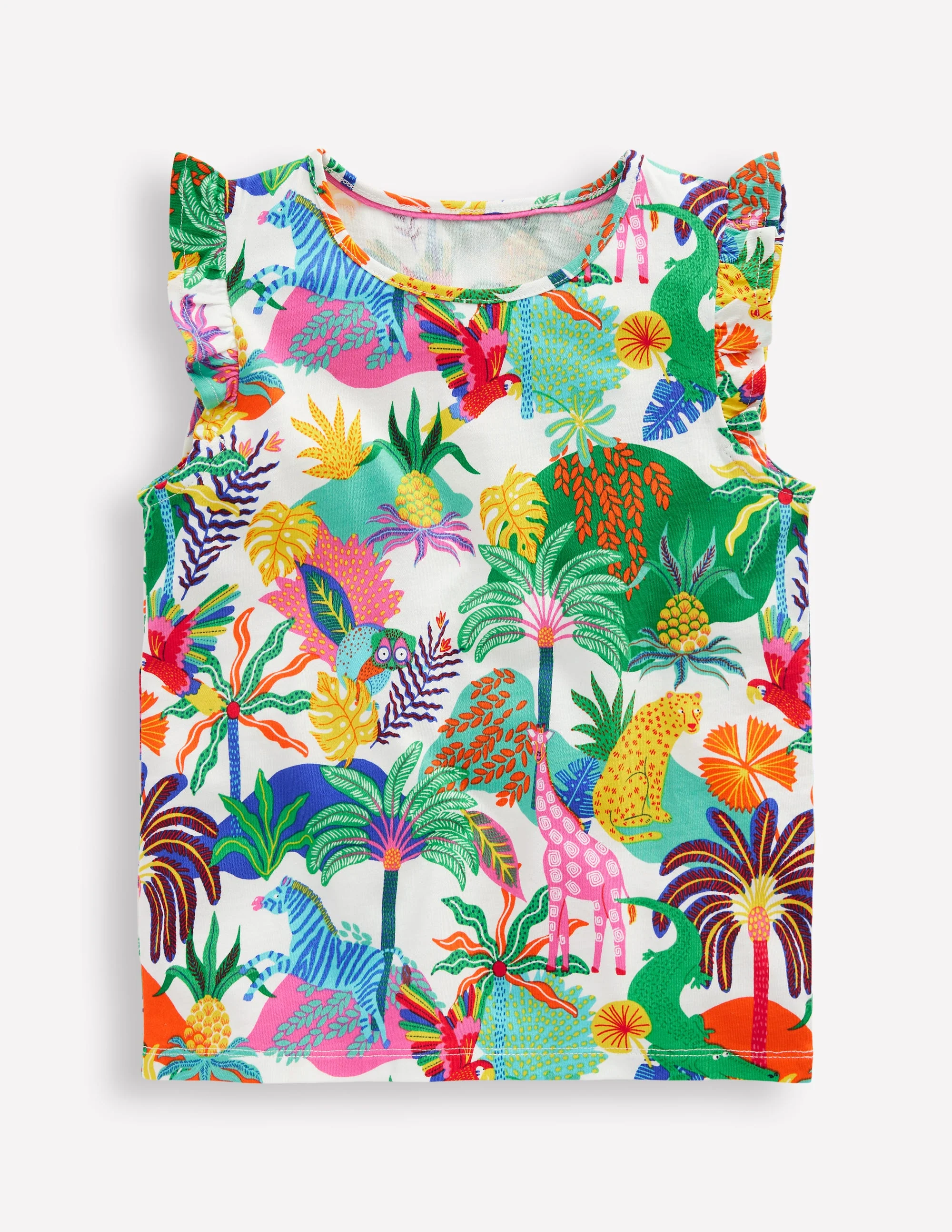 Frill Sleeve Printed Tee-Soft Ivory Multi Jungle