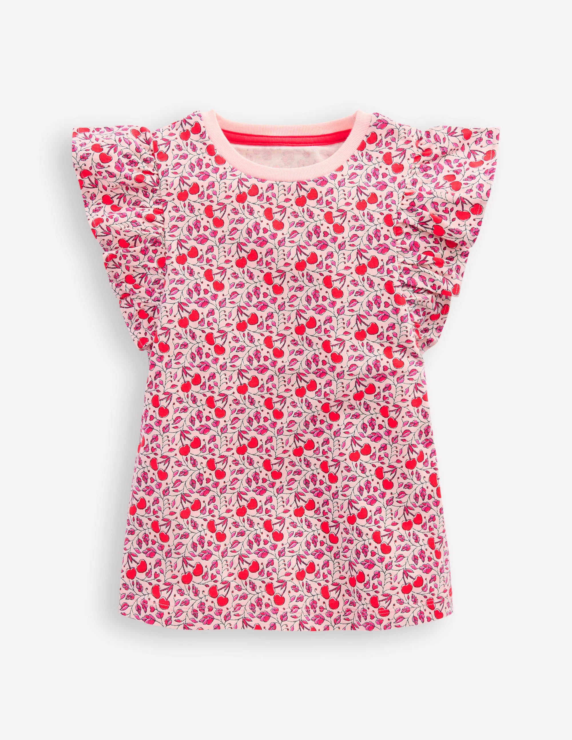 Frill Sleeve Printed Top-Pink Cherries