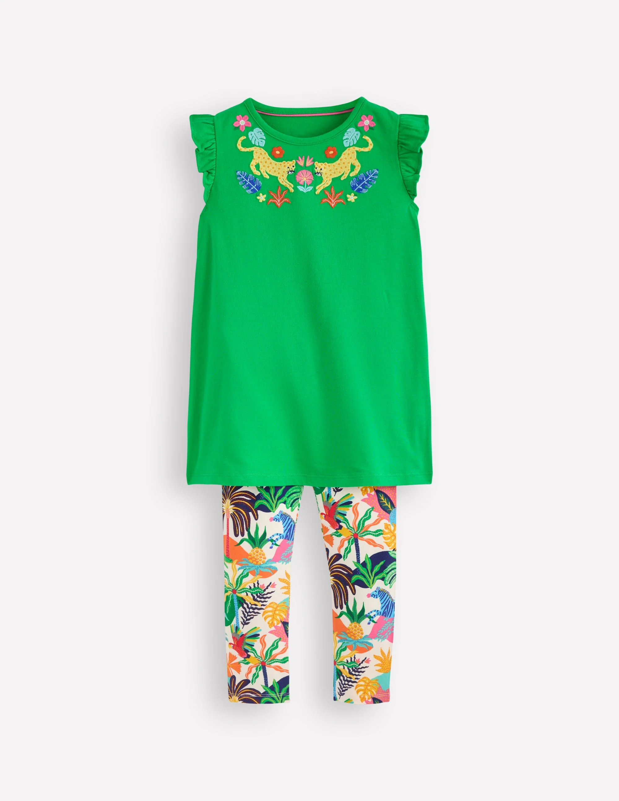 Frill Sleeve Tunic Set-Sapling Green Embroidery