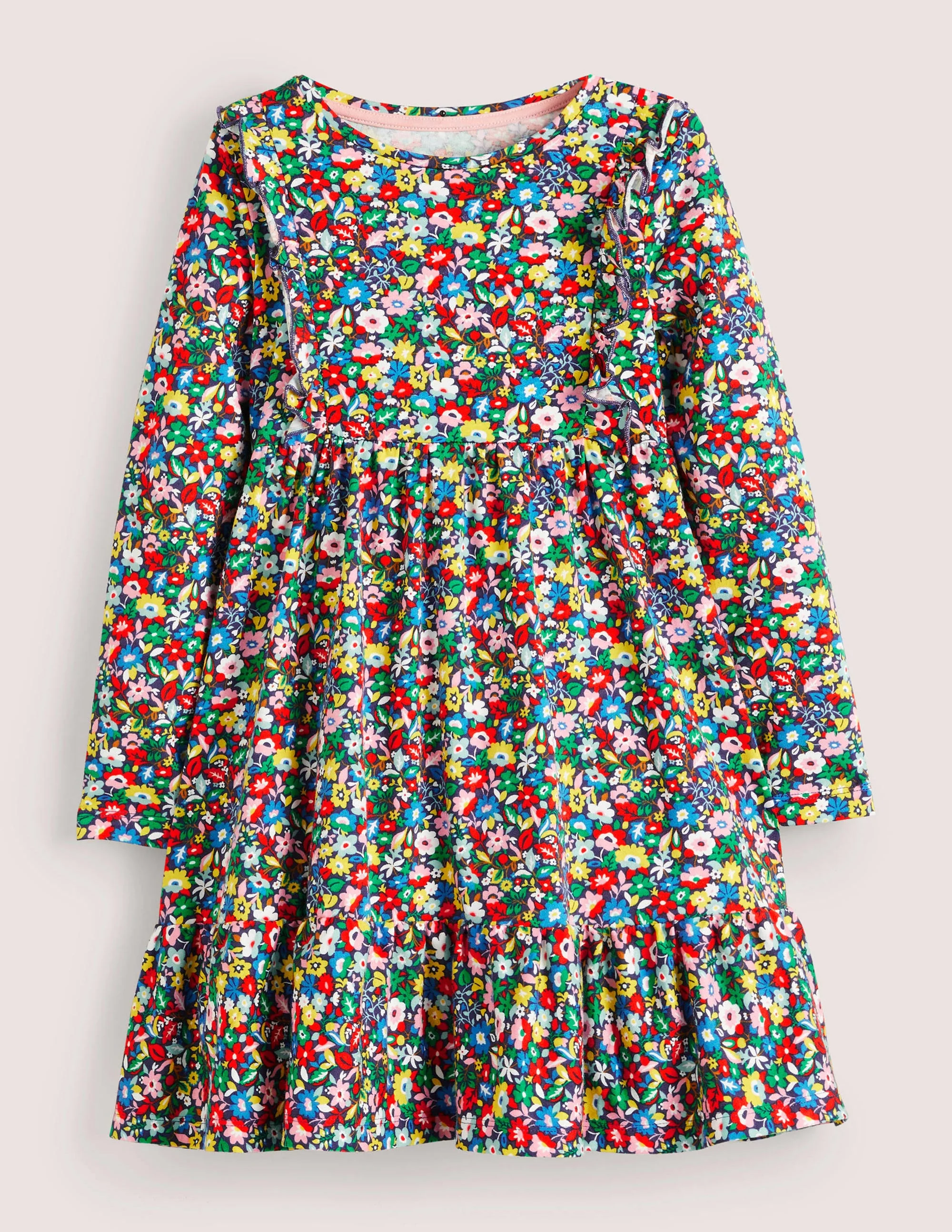 Frill Tiered Jersey Dress-Multi Patchwork Floral