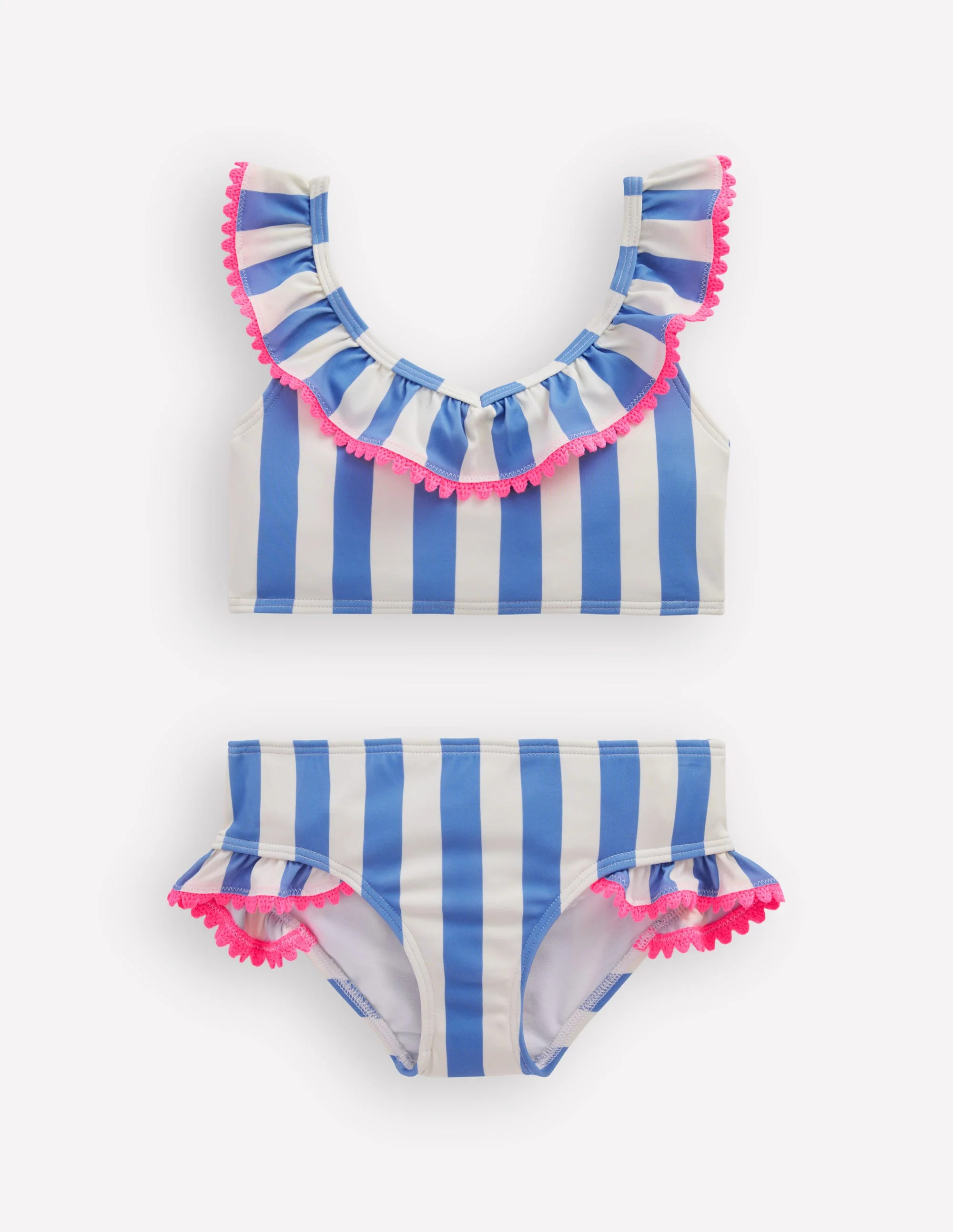 Frill V-neck Bikini Set-Denim Blue Stripe