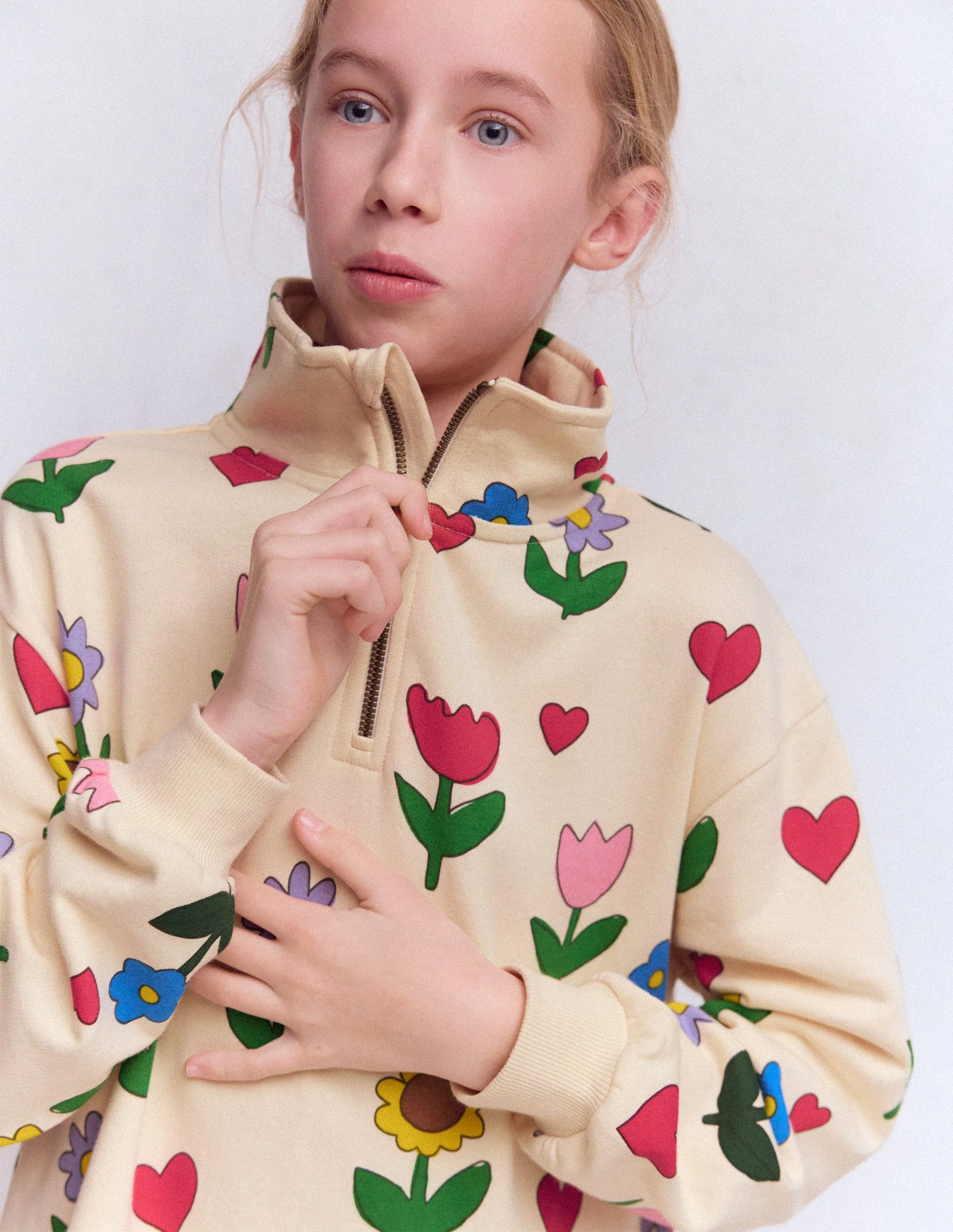 Half Zip Sweat Dress-Calico White Sunflower Garden - Image 2
