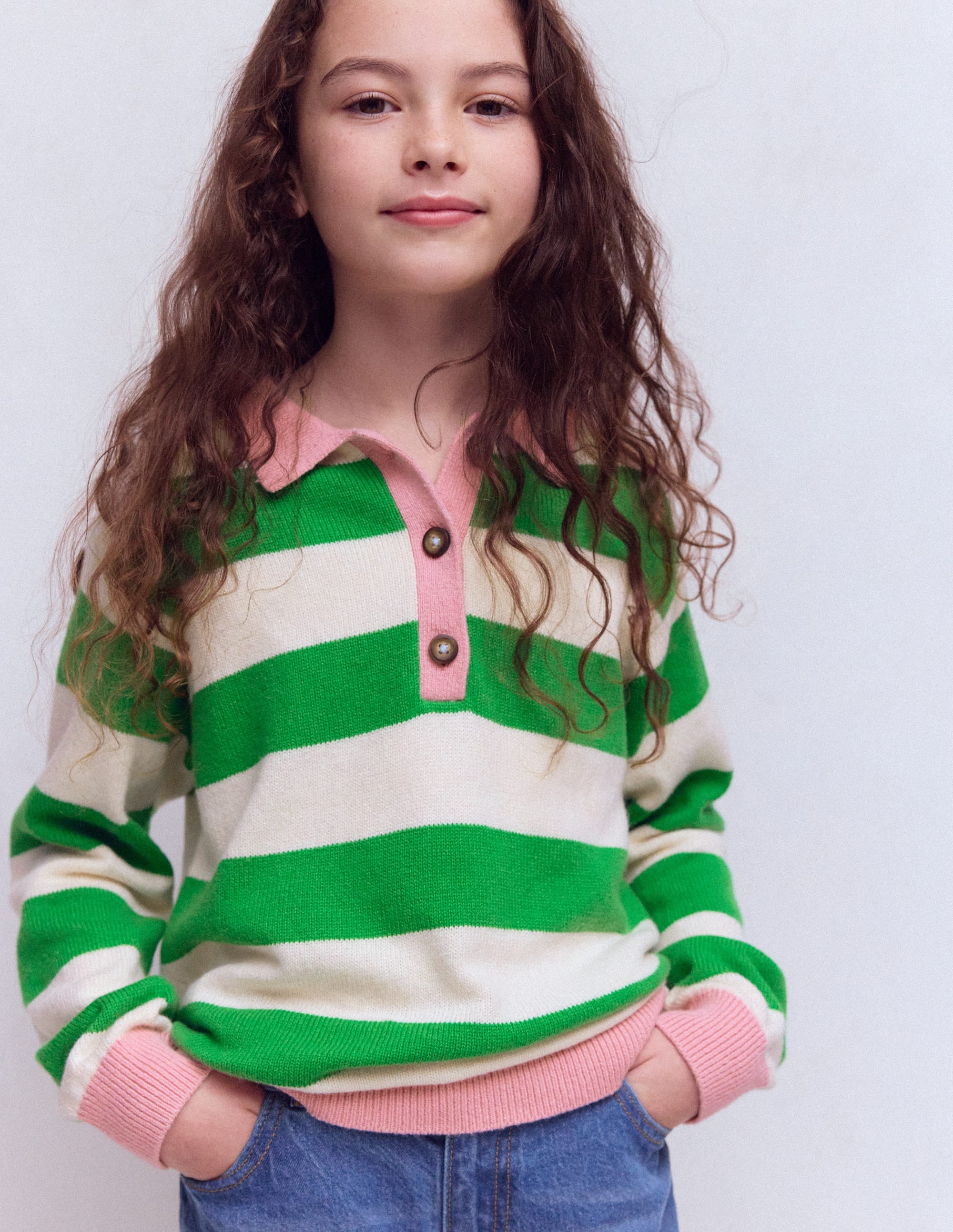 Knitted Rugby Jumper-Pea Green/Ecru Marl