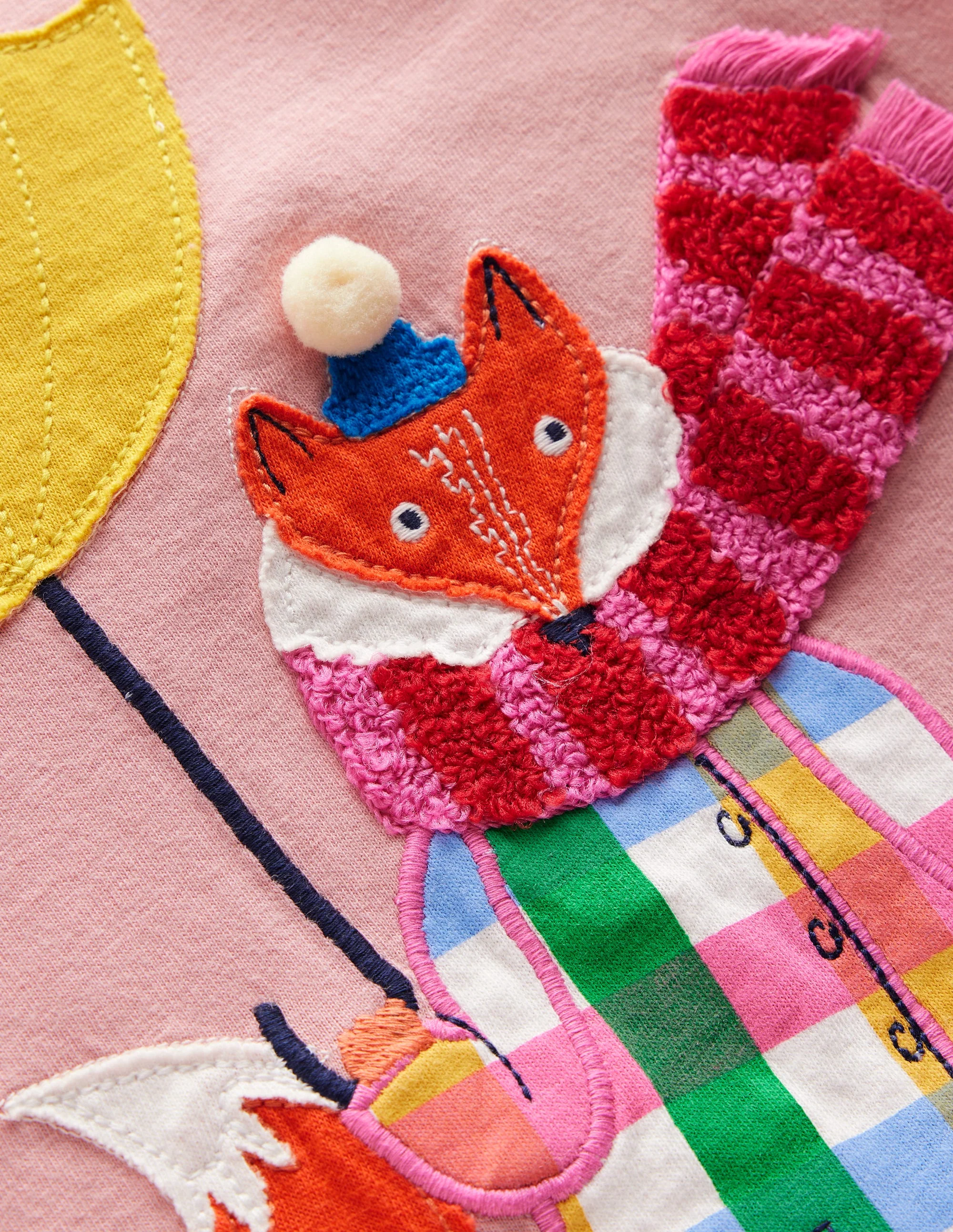 Long Sleeve Appliqué T-shirt-Vintage Pink Weather Fox - Image 3