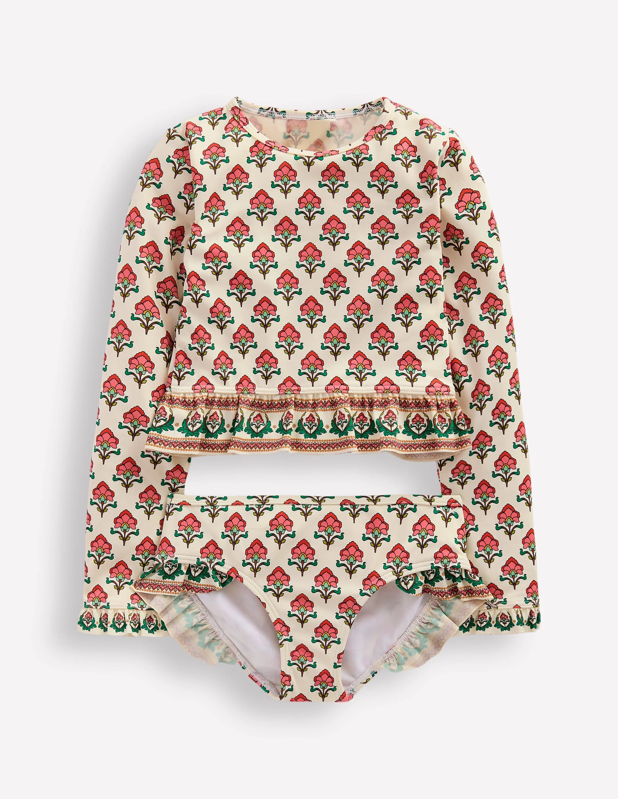 Long Sleeve Frill Set-Soft Ivory Woodblock Flower