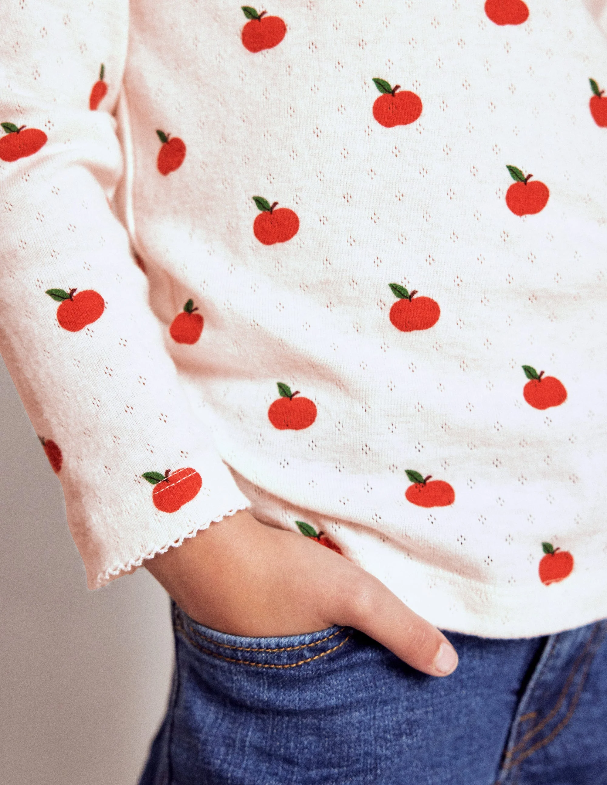 Long Sleeve Pointelle Top-Soft Ivory Little Apples - Image 3