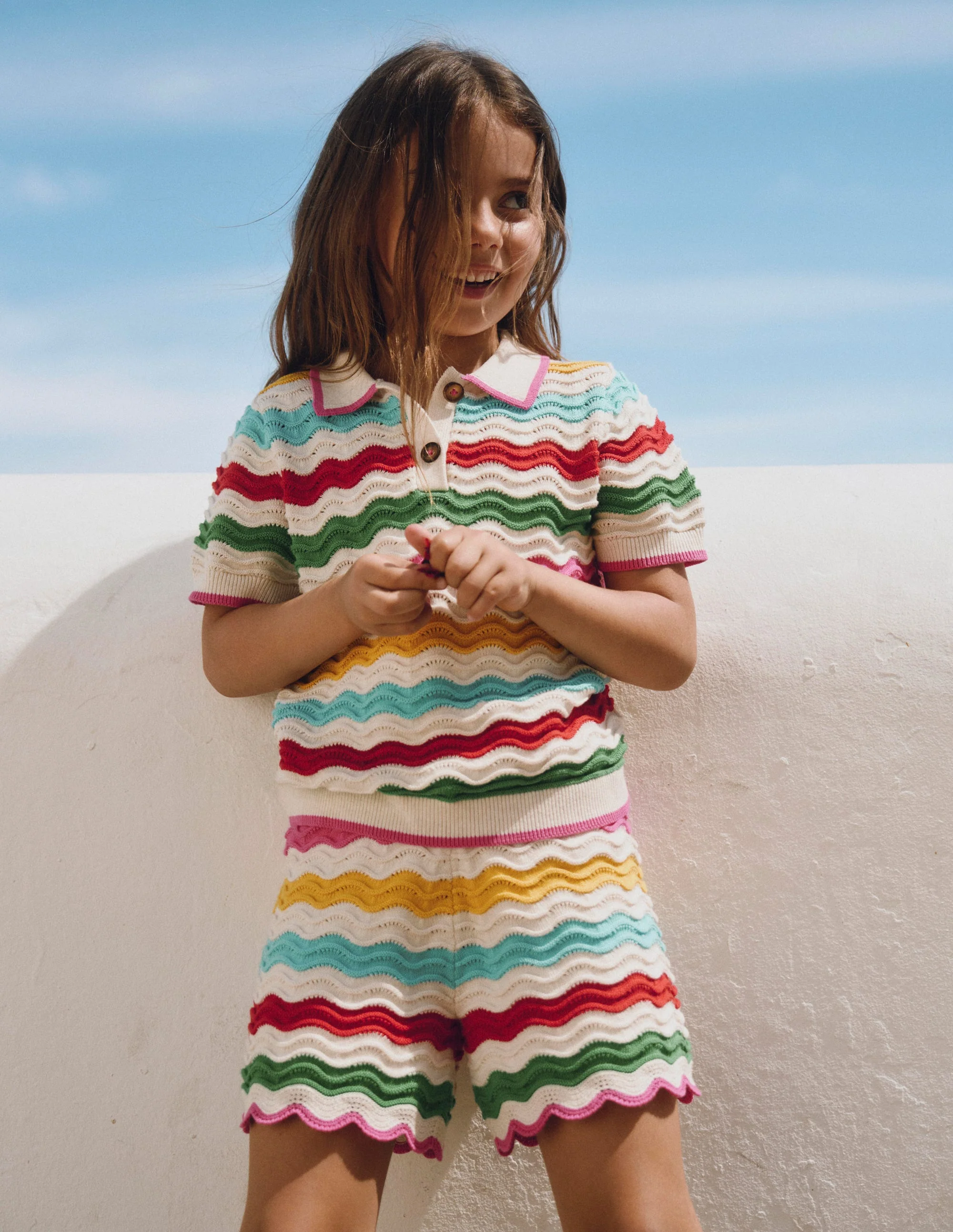 Pointelle Knitted Shorts-Ivory Multi Rainbow
